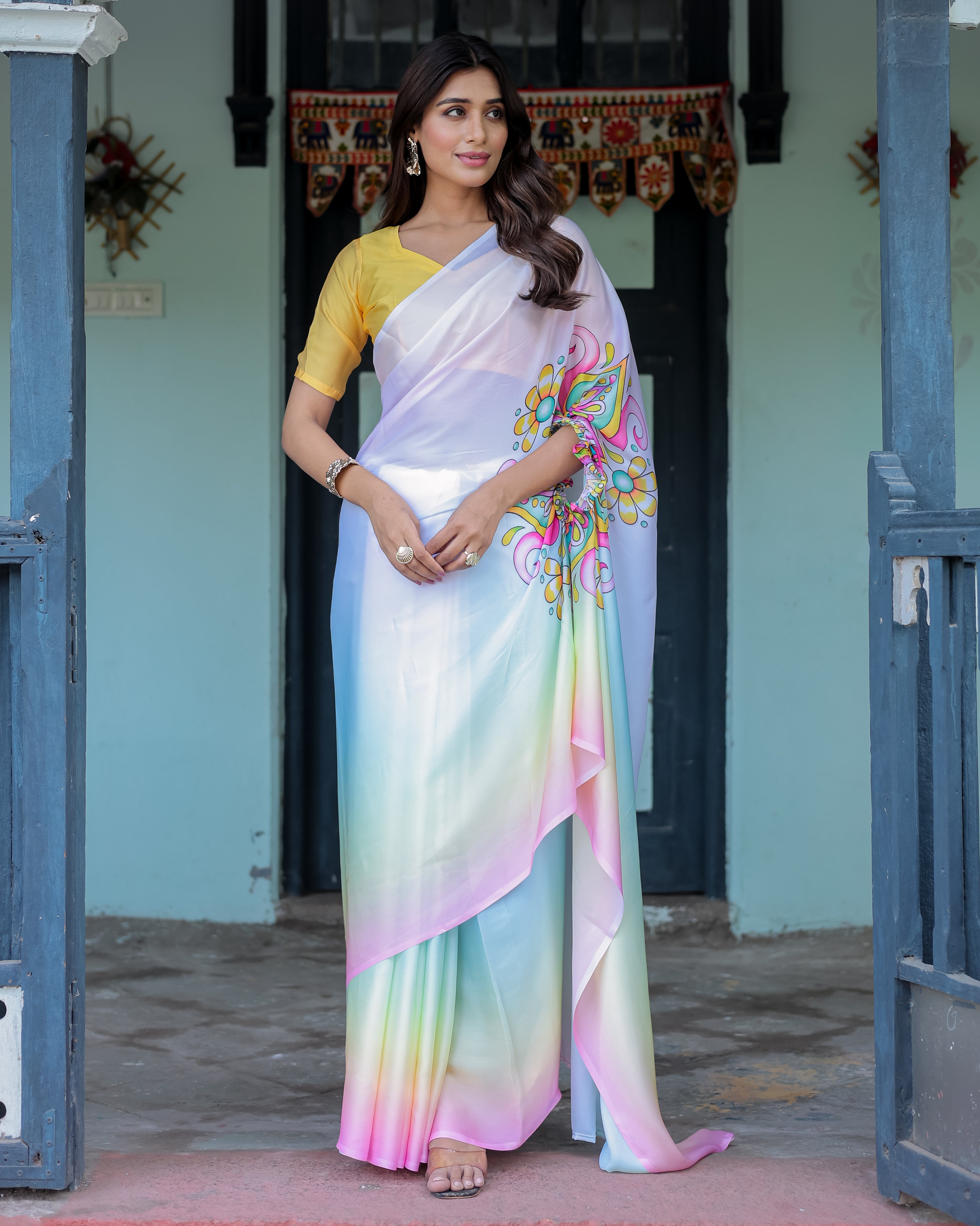 White Designer Freehand Saree with Multicolor Art Pallu & Yellow Blouse | Satin Georgette | Handsfree Draping Feature