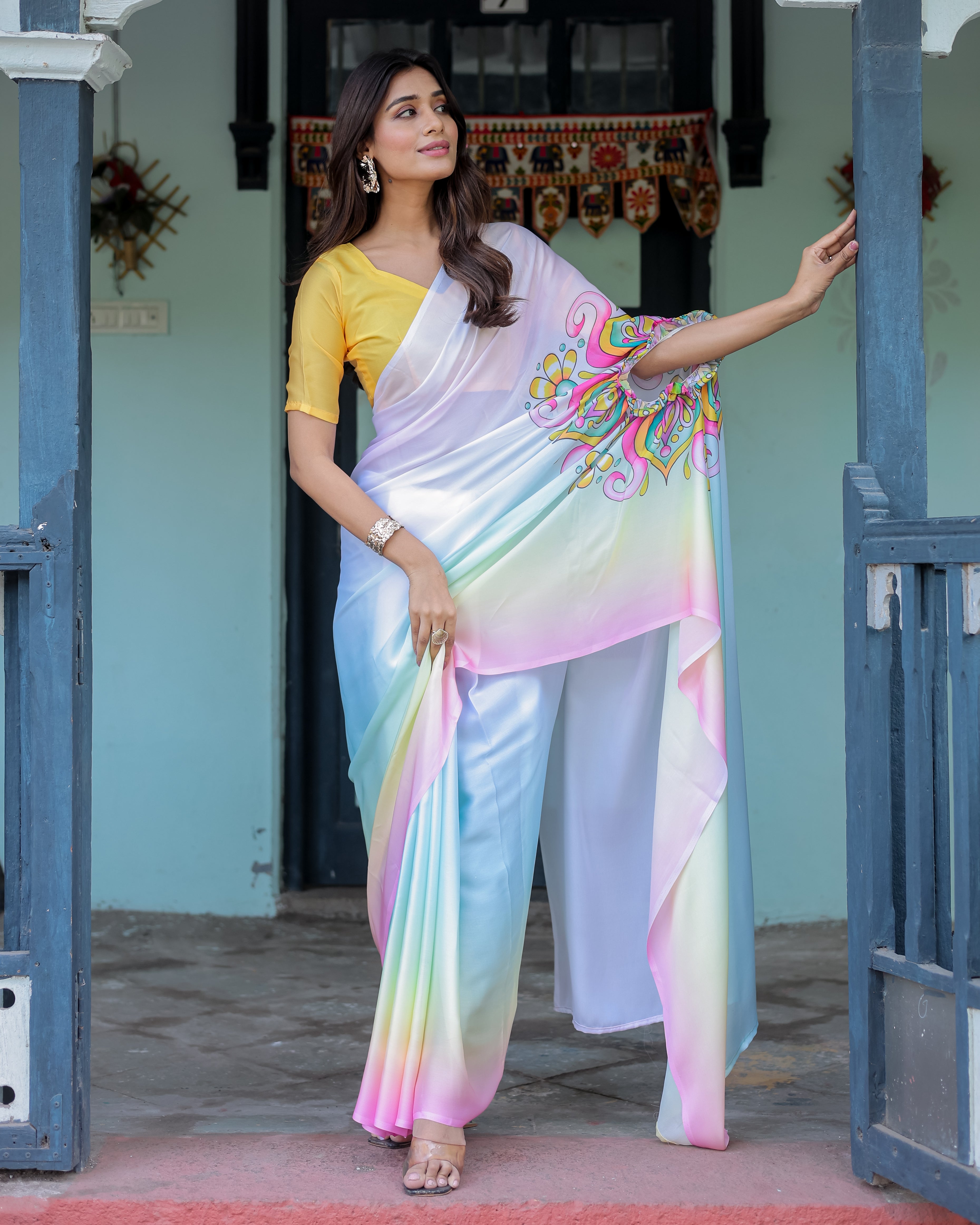 White Designer Freehand Saree with Multicolor Art Pallu & Yellow Blouse | Satin Georgette | Handsfree Draping Feature