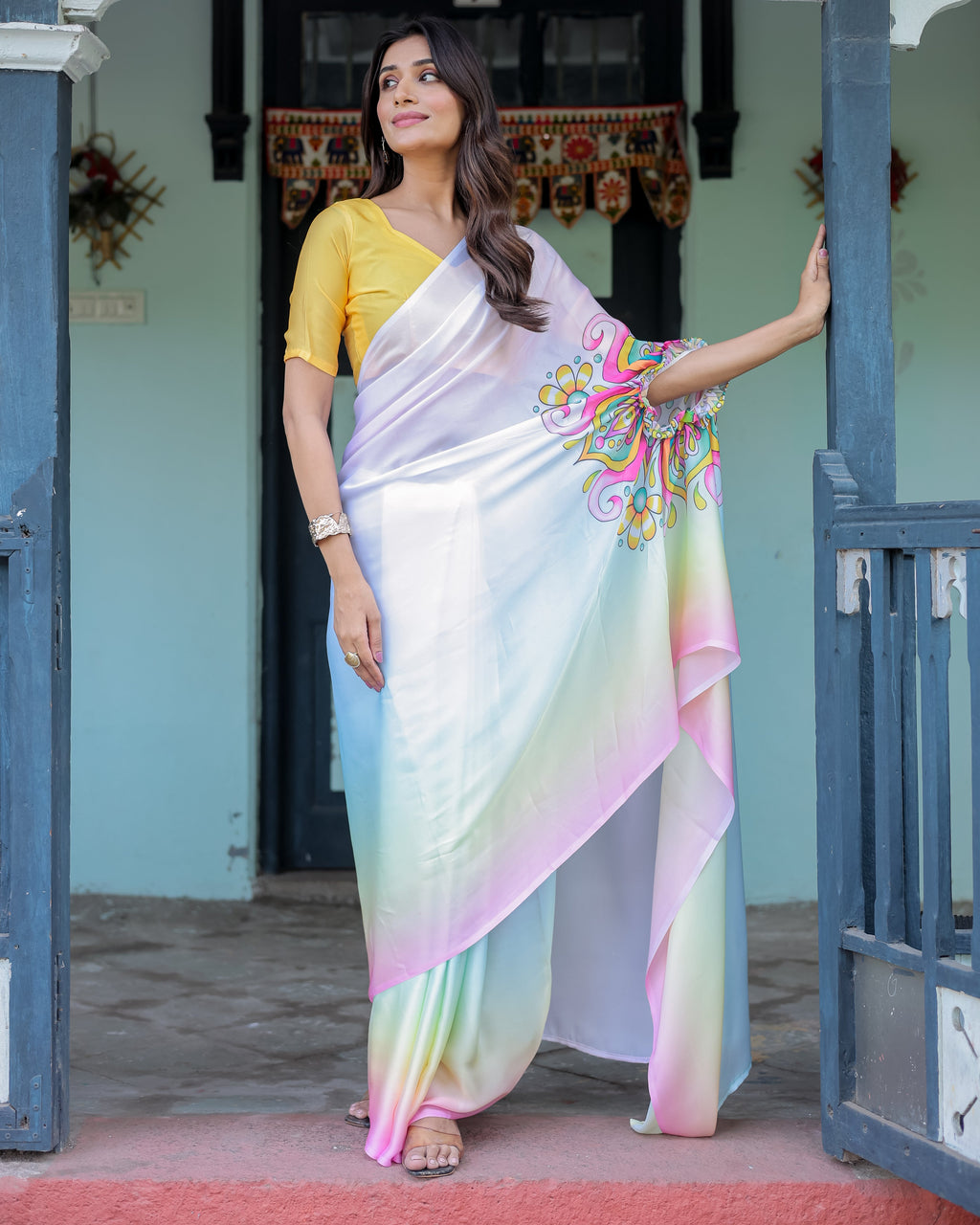 White Designer Freehand Saree with Multicolor Art Pallu & Yellow Blouse | Satin Georgette | Handsfree Draping Feature