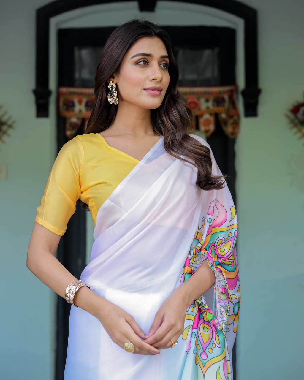 White Designer Freehand Saree with Multicolor Art Pallu & Yellow Blouse | Satin Georgette | Handsfree Draping Feature