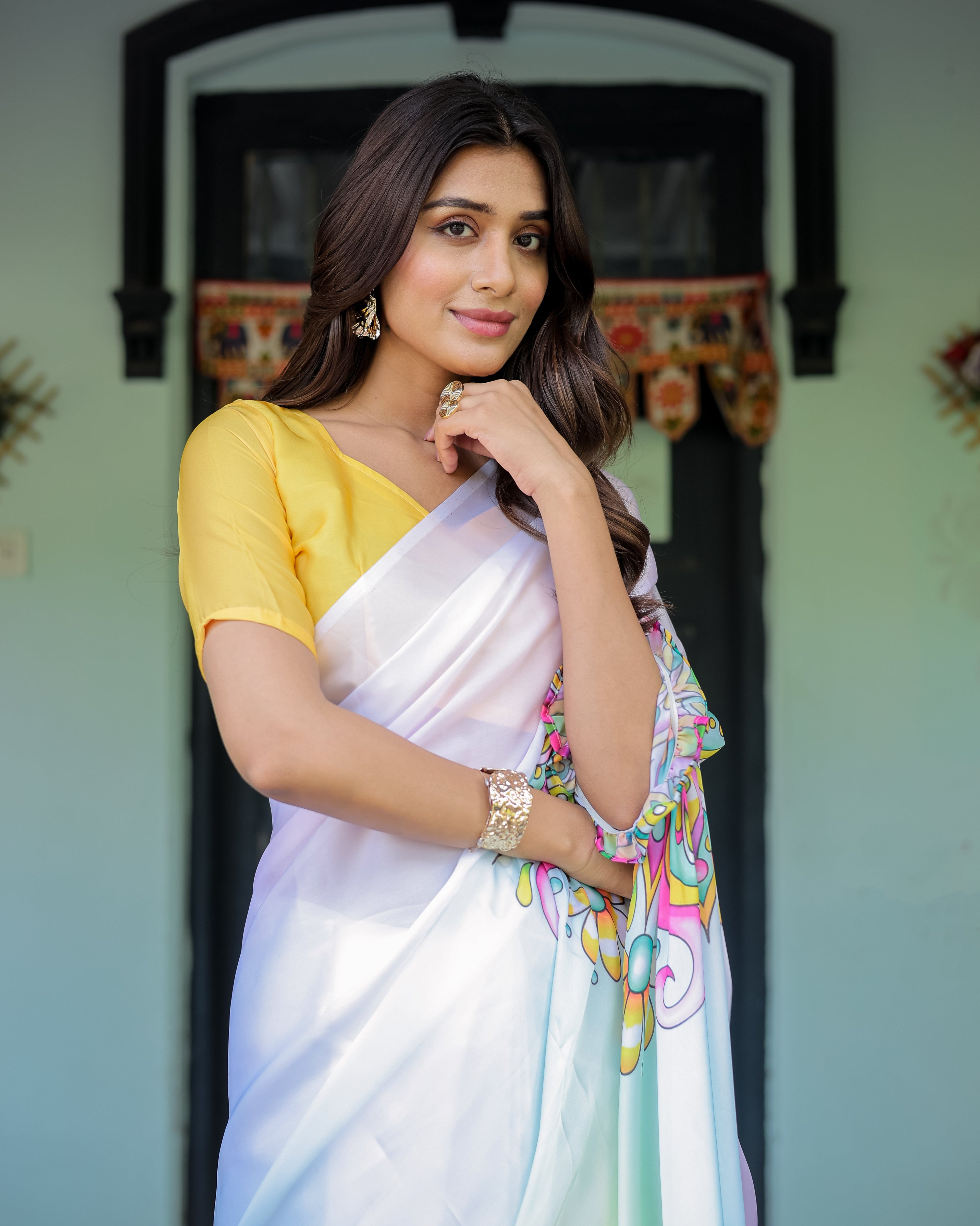 White Designer Freehand Saree with Multicolor Art Pallu & Yellow Blouse | Satin Georgette | Handsfree Draping Feature