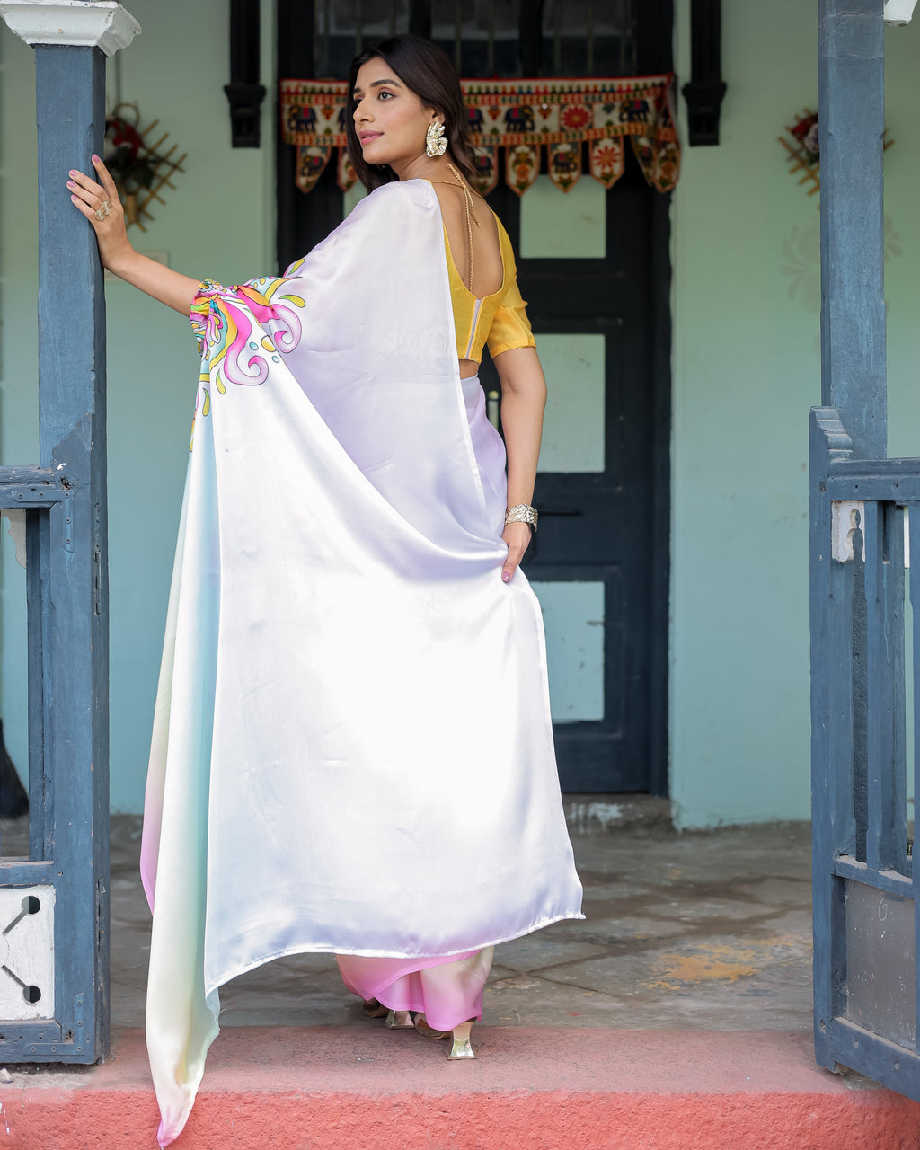 White Designer Freehand Saree with Multicolor Art Pallu & Yellow Blouse | Satin Georgette | Handsfree Draping Feature