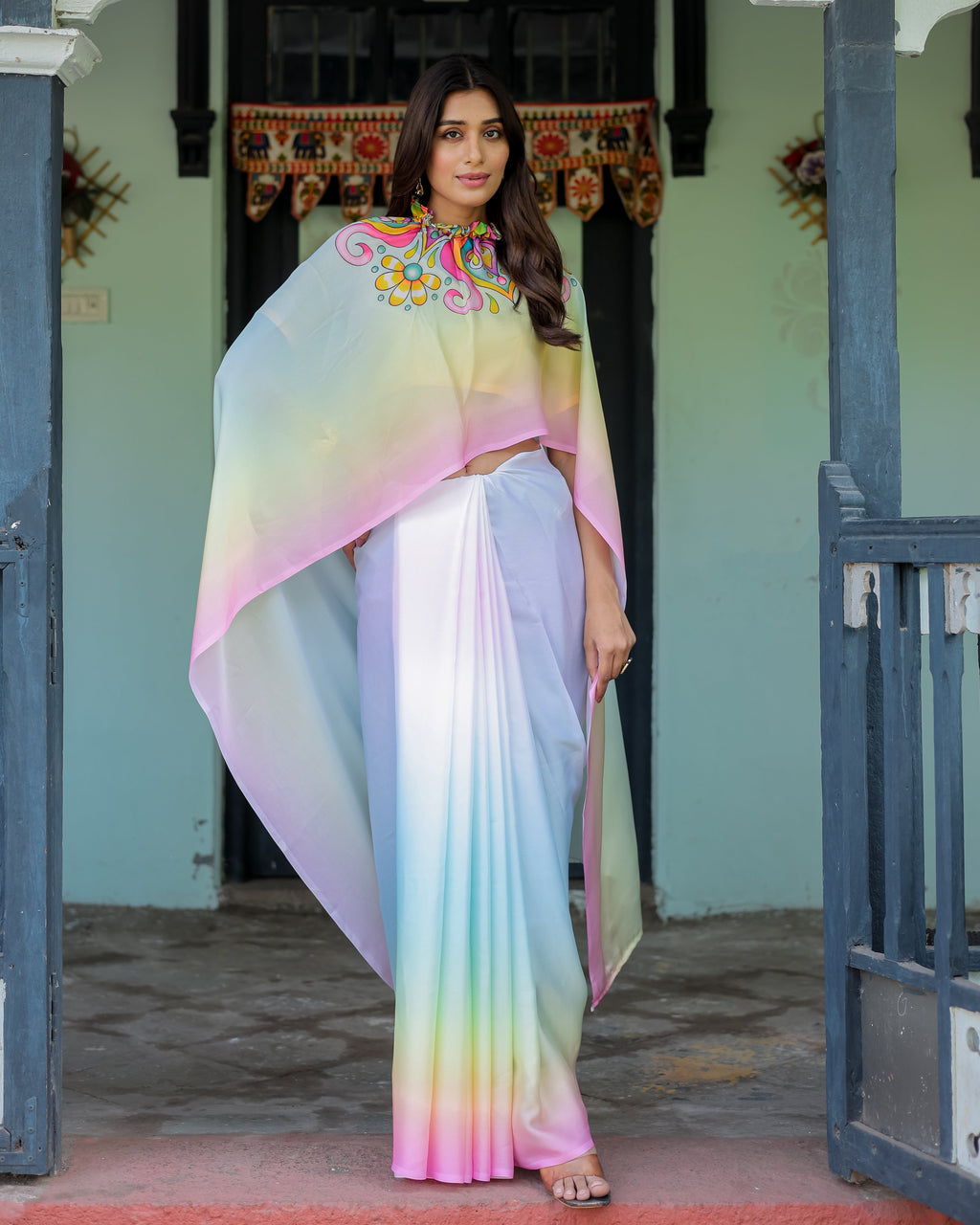 White Designer Freehand Saree with Multicolor Art Pallu & Yellow Blouse | Satin Georgette | Handsfree Draping Feature