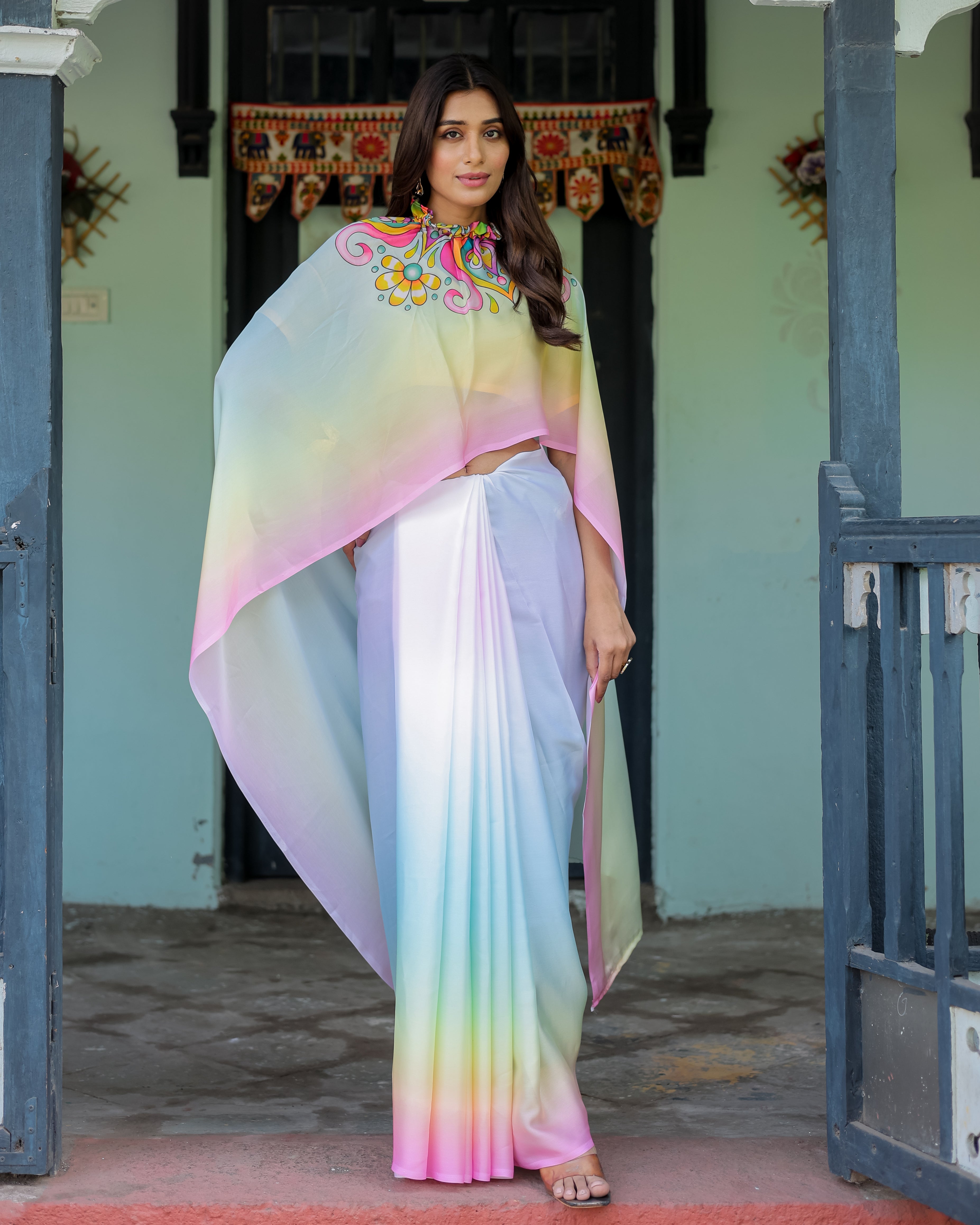 White Designer Freehand Saree with Multicolor Art Pallu & Yellow Blouse | Satin Georgette | Handsfree Draping Feature