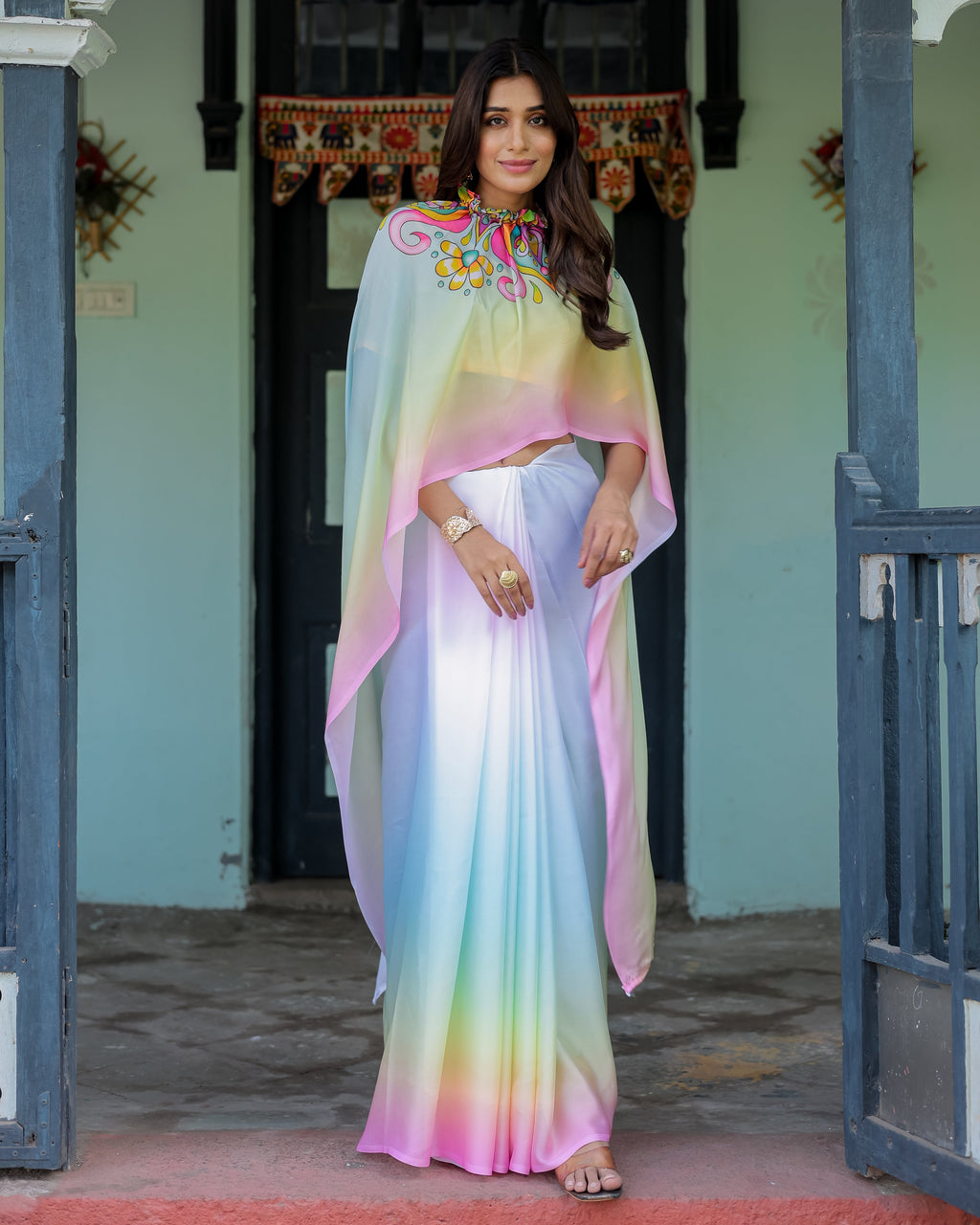 White Designer Freehand Saree with Multicolor Art Pallu & Yellow Blouse | Satin Georgette | Handsfree Draping Feature