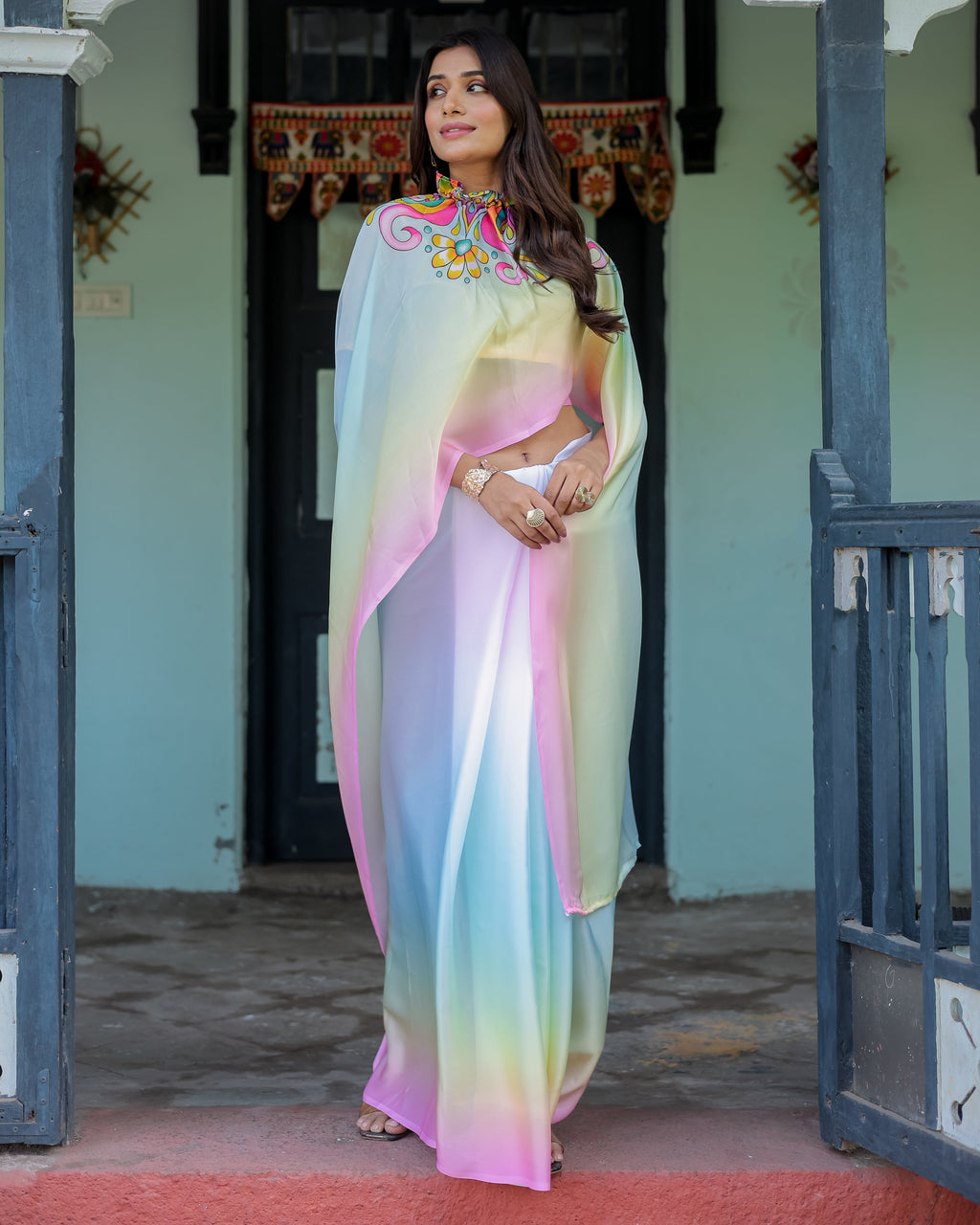 White Designer Freehand Saree with Multicolor Art Pallu & Yellow Blouse | Satin Georgette | Handsfree Draping Feature