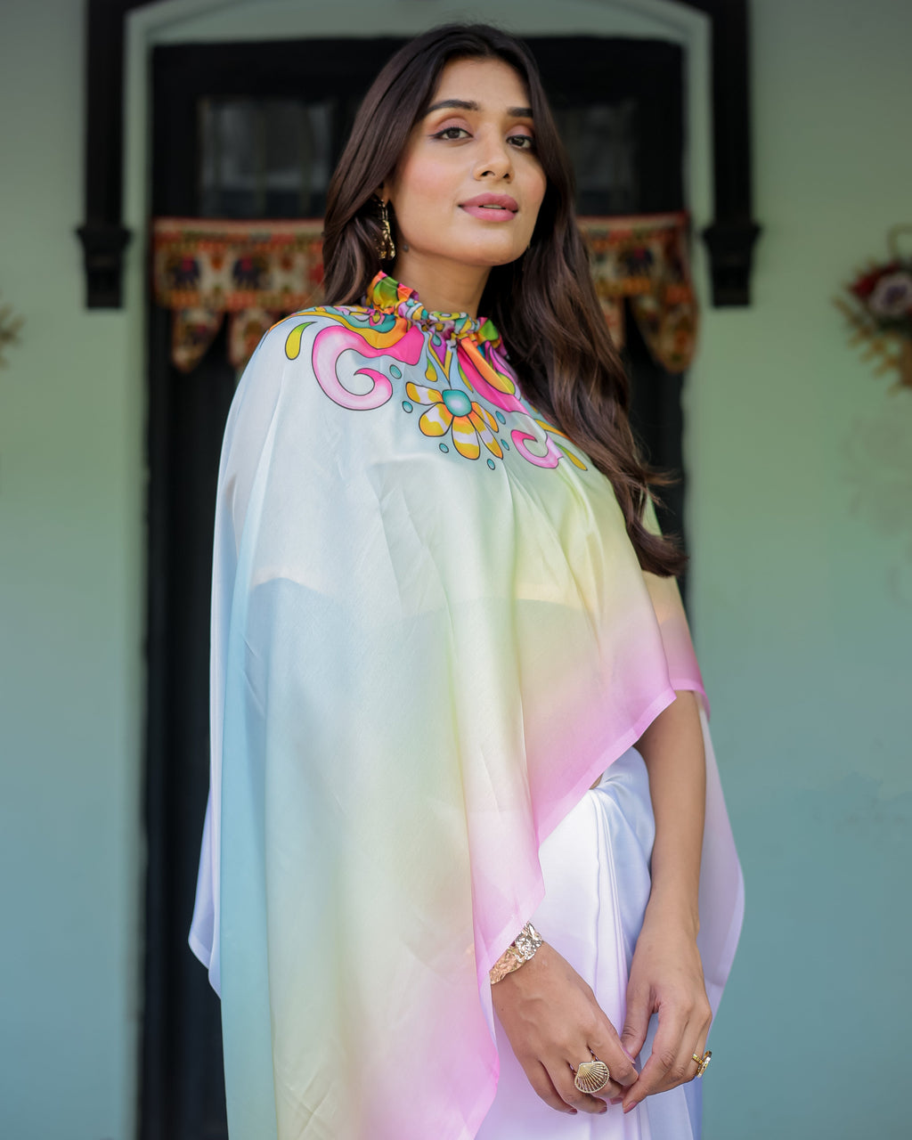 White Designer Freehand Saree with Multicolor Art Pallu & Yellow Blouse | Satin Georgette | Handsfree Draping Feature