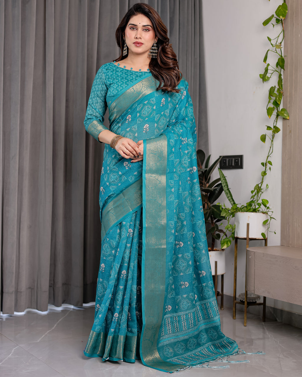 Teal Blue Handloom Linen Printed Saree with Rose Motifs & Zari Border | Pallu with Buttis & Tassels | 5.5m Saree + 0.8m Blouse