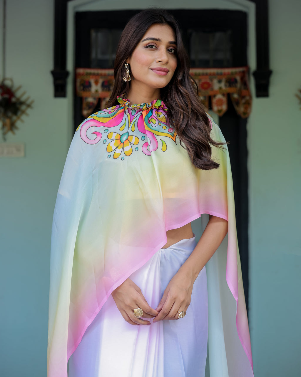 White Designer Freehand Saree with Multicolor Art Pallu & Yellow Blouse | Satin Georgette | Handsfree Draping Feature