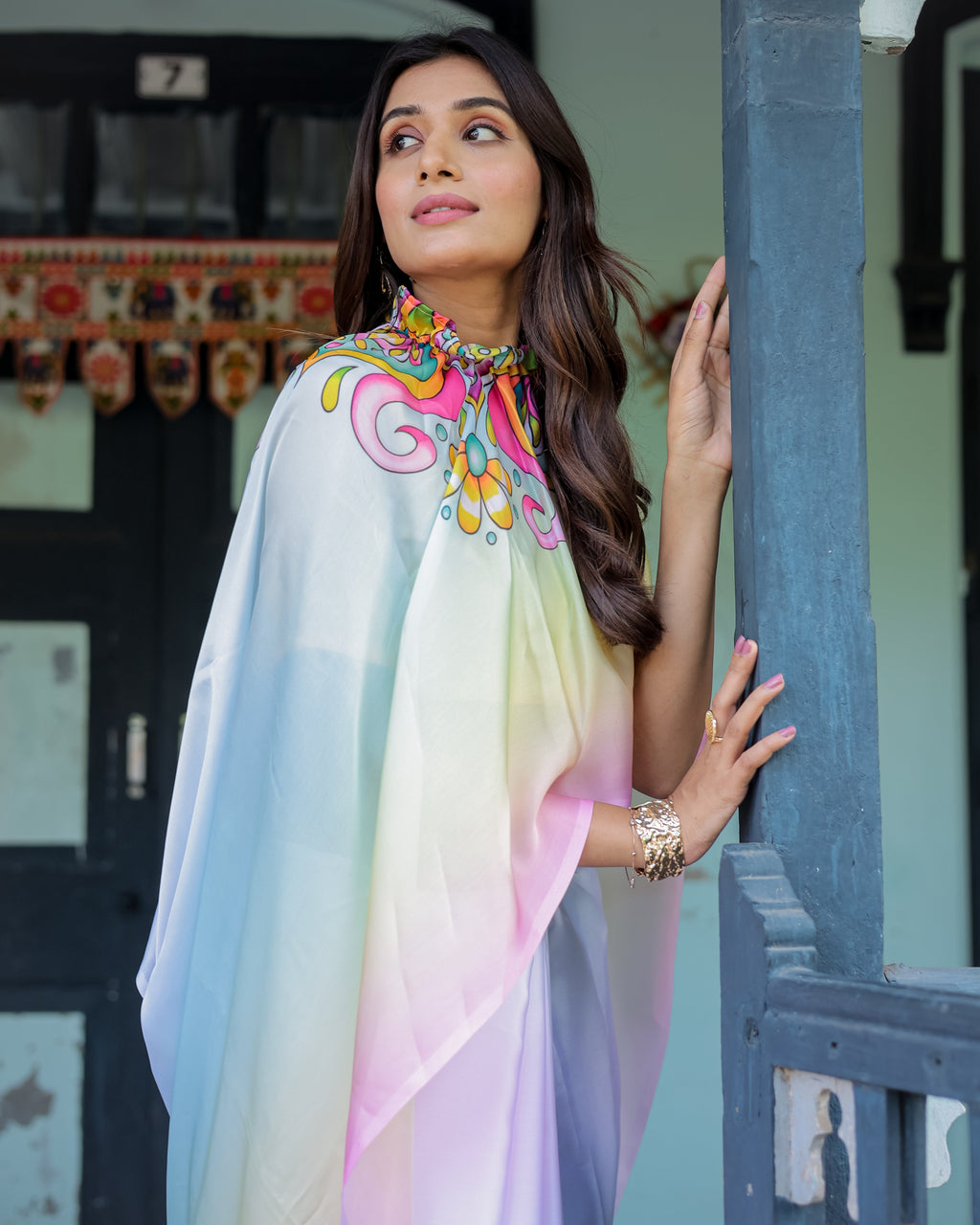 White Designer Freehand Saree with Multicolor Art Pallu & Yellow Blouse | Satin Georgette | Handsfree Draping Feature