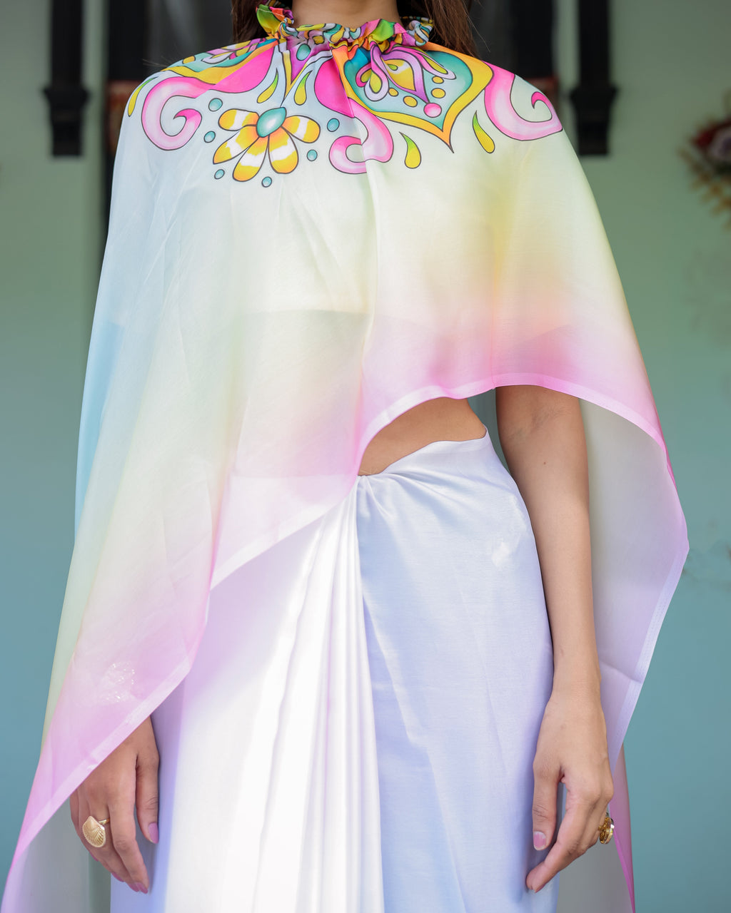 White Designer Freehand Saree with Multicolor Art Pallu & Yellow Blouse | Satin Georgette | Handsfree Draping Feature