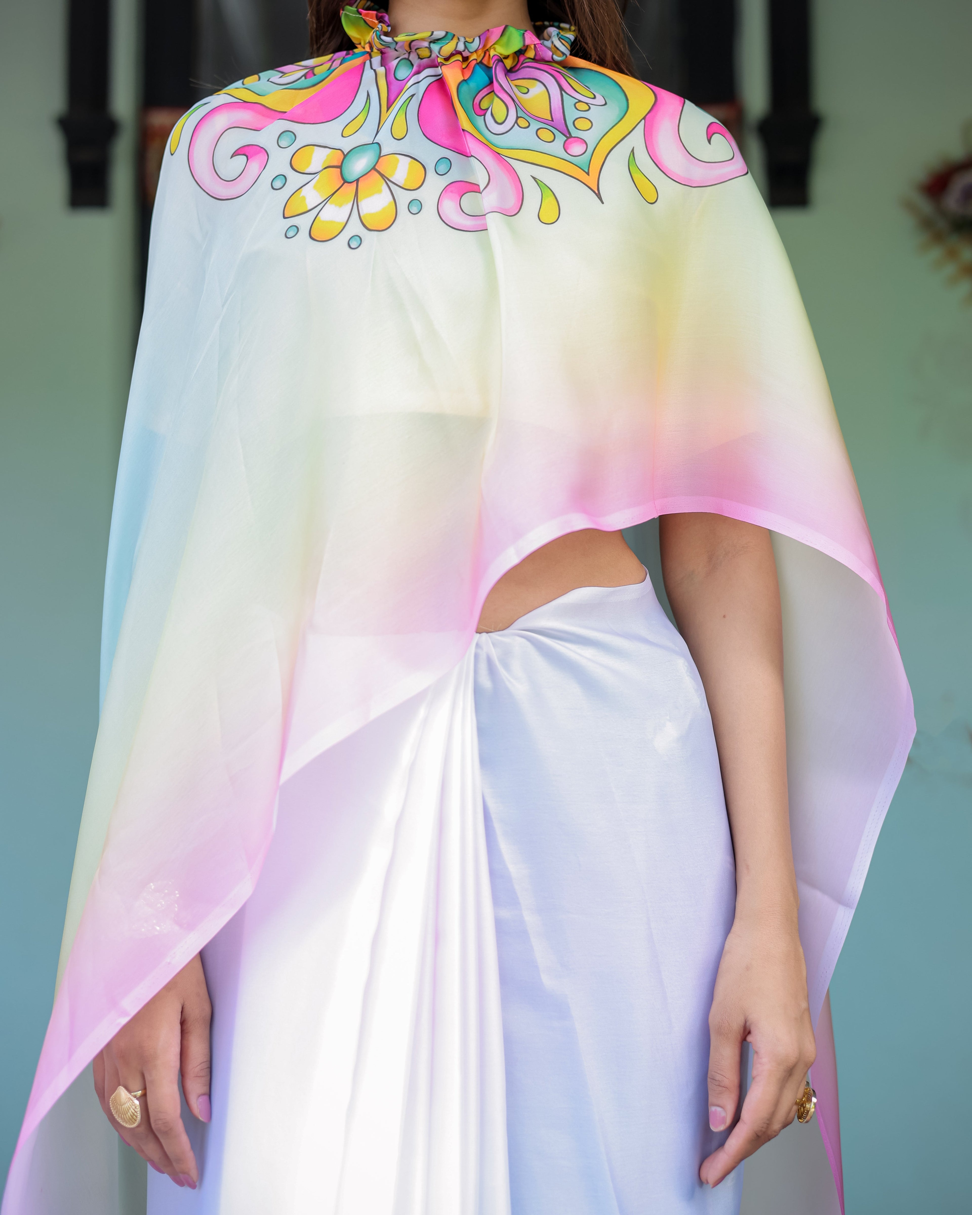 White Designer Freehand Saree with Multicolor Art Pallu & Yellow Blouse | Satin Georgette | Handsfree Draping Feature