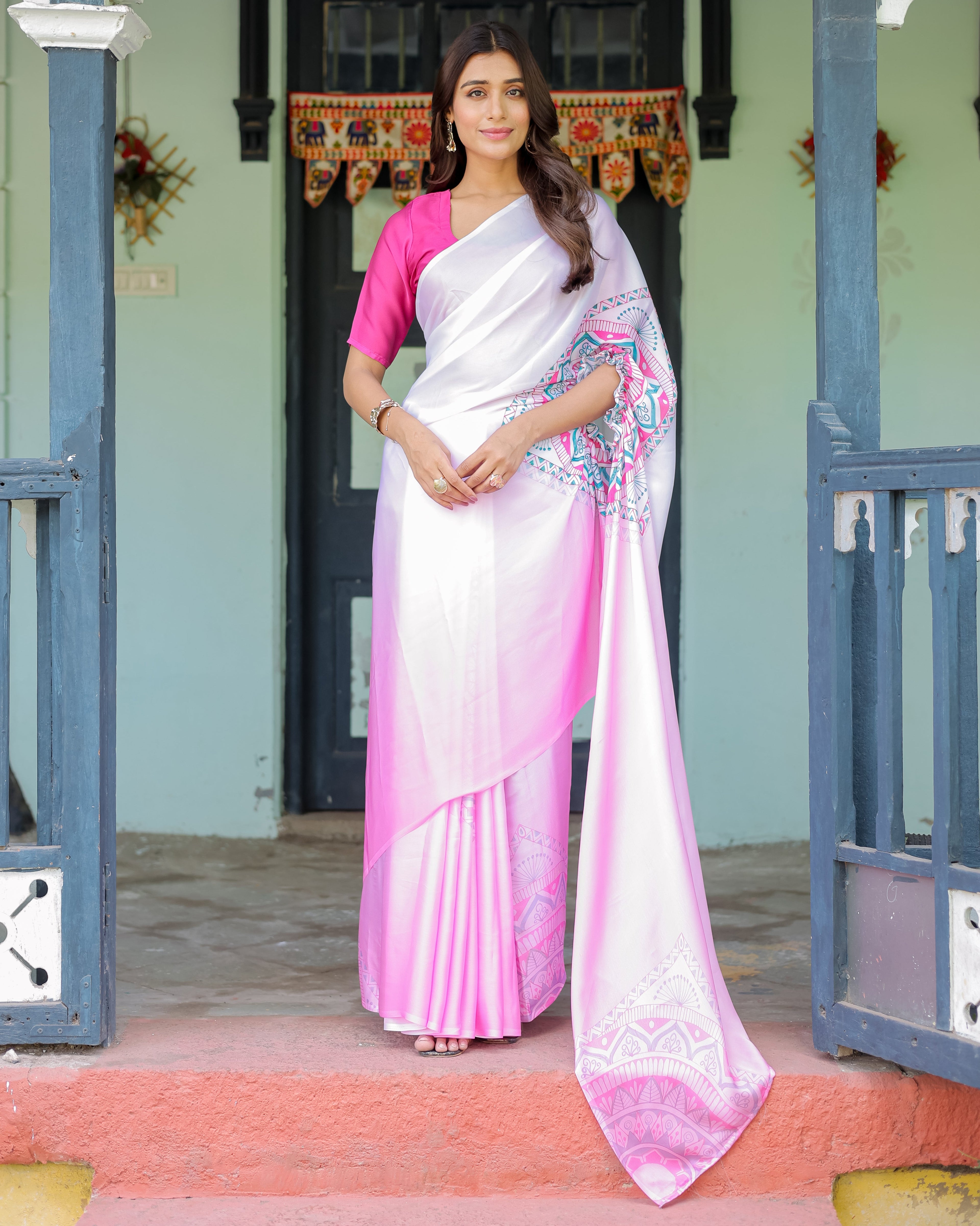 White & Pink Ombre Designer Freehand Saree with Geometric Pallu Art & Rani Pink Blouse | Satin Georgette | Handsfree Pallu Design