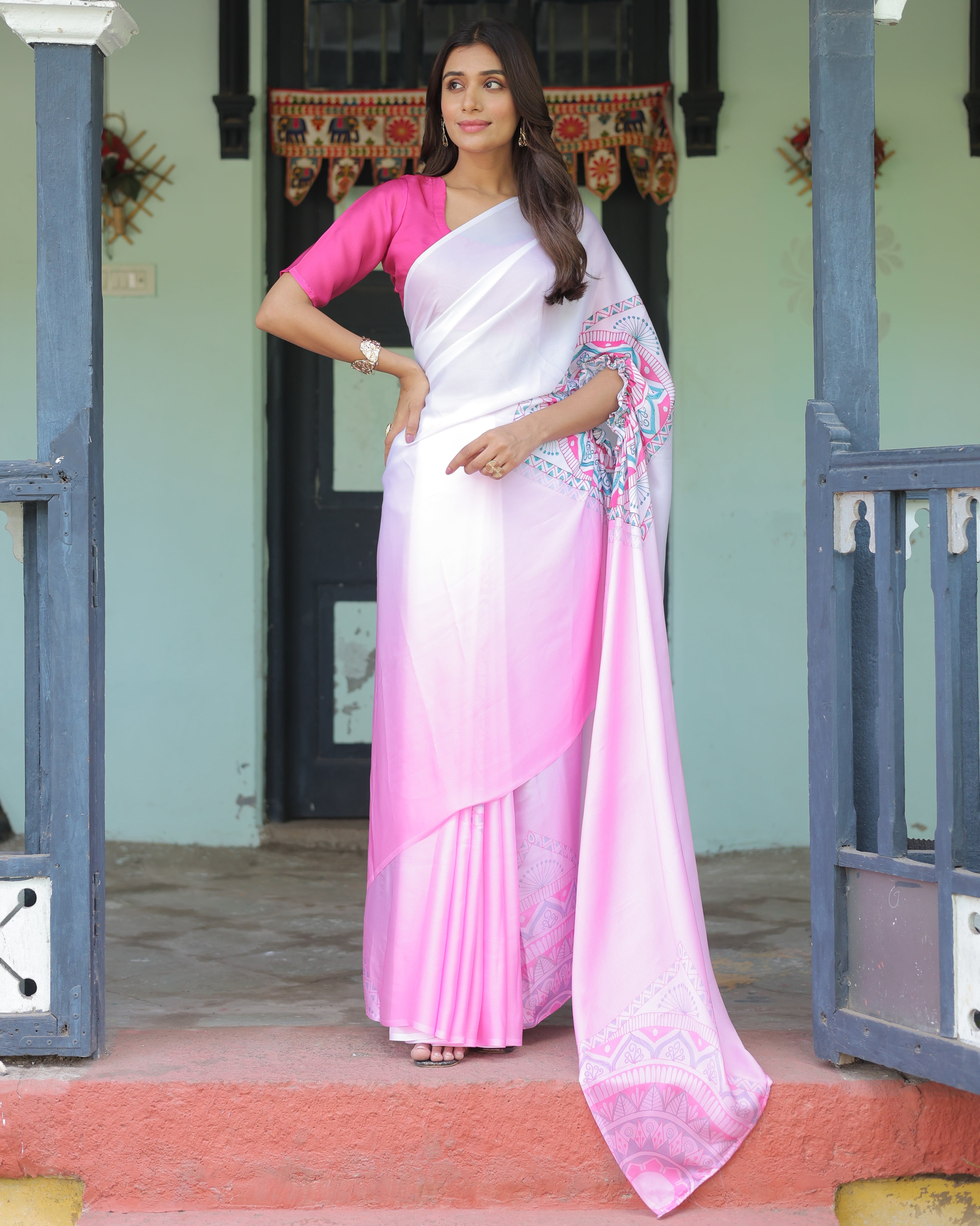 White & Pink Ombre Designer Freehand Saree with Geometric Pallu Art & Rani Pink Blouse | Satin Georgette | Handsfree Pallu Design