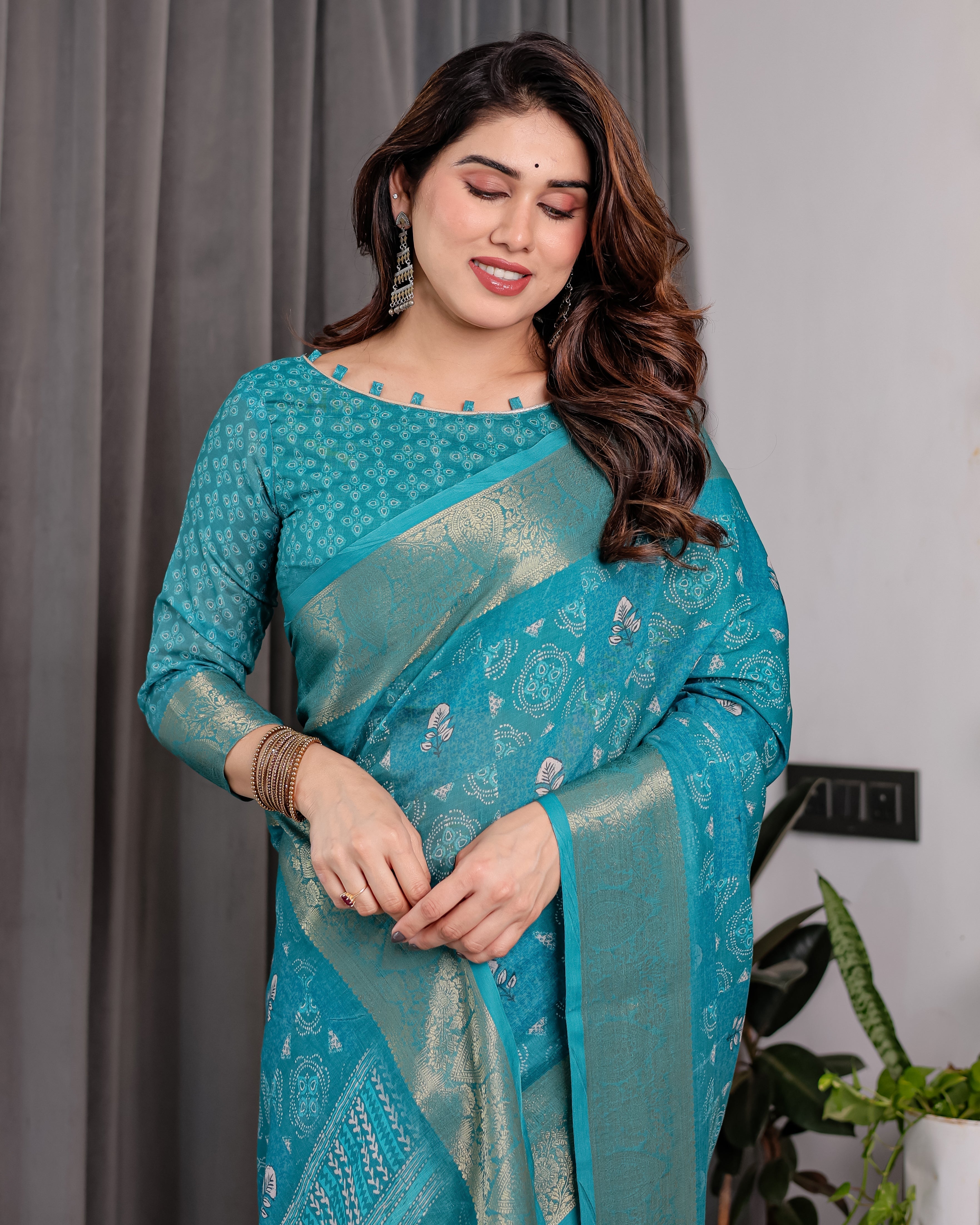 Teal Blue Handloom Linen Printed Saree with Rose Motifs & Zari Border | Pallu with Buttis & Tassels | 5.5m Saree + 0.8m Blouse
