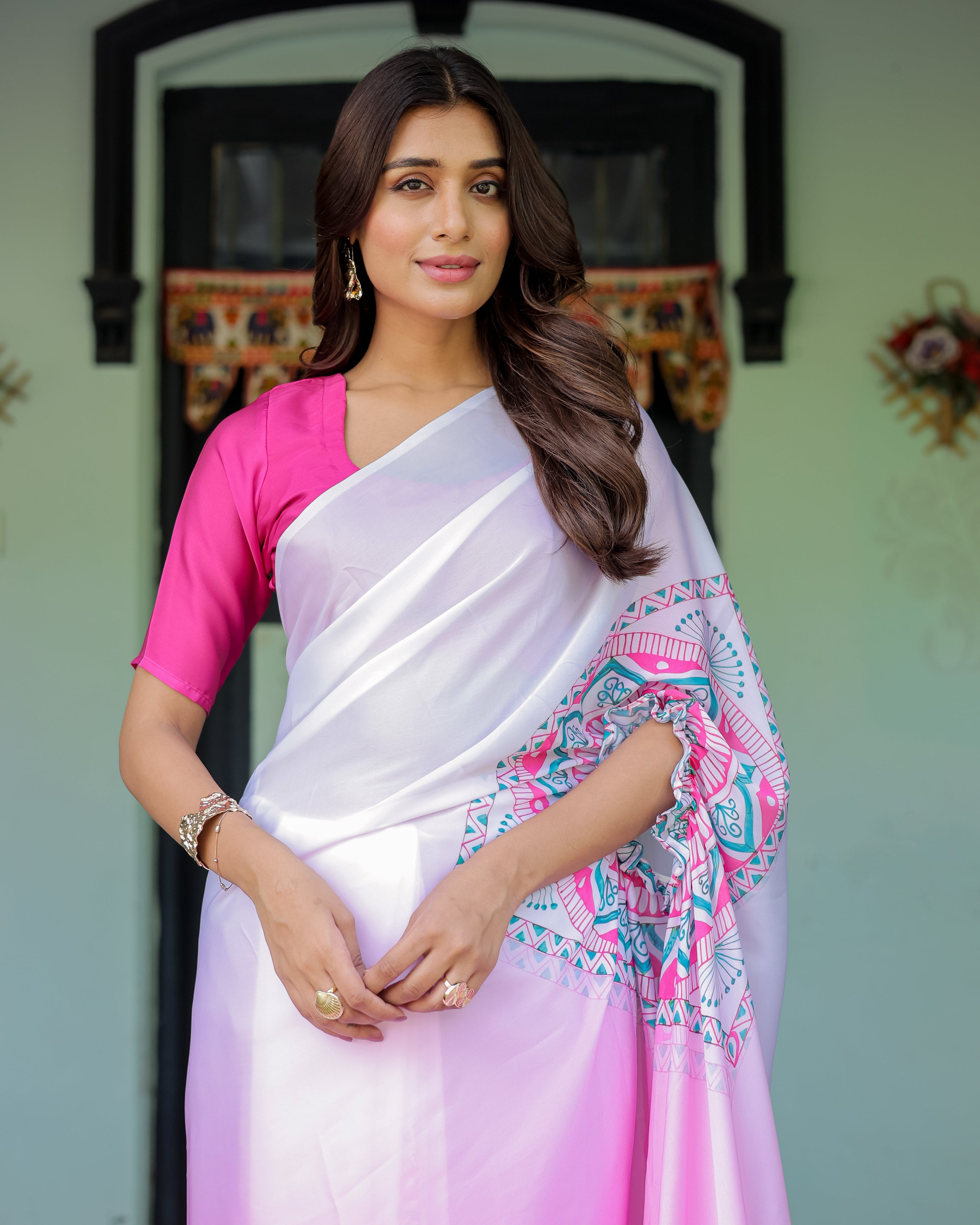 White & Pink Ombre Designer Freehand Saree with Geometric Pallu Art & Rani Pink Blouse | Satin Georgette | Handsfree Pallu Design