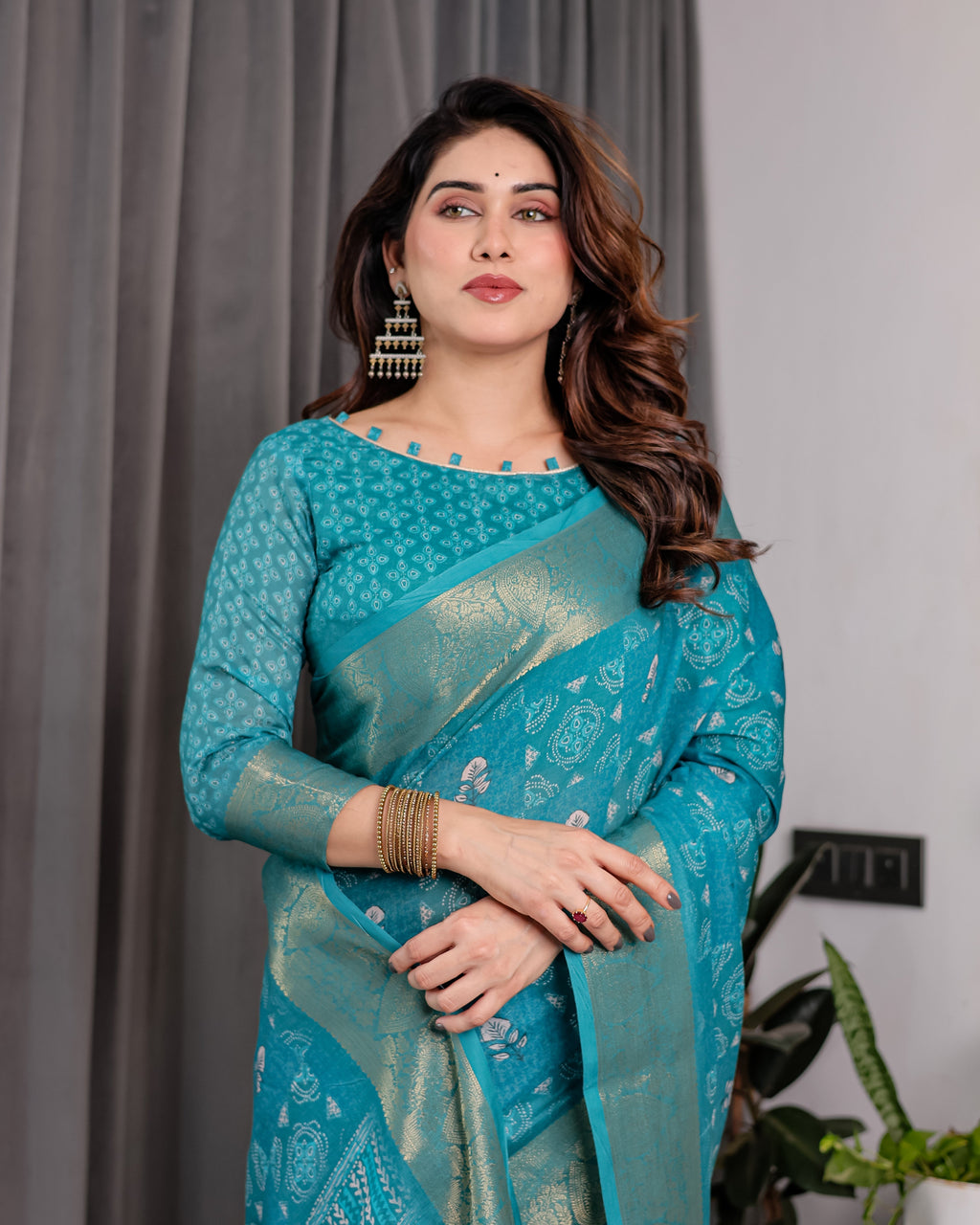 Teal Blue Handloom Linen Printed Saree with Rose Motifs & Zari Border | Pallu with Buttis & Tassels | 5.5m Saree + 0.8m Blouse