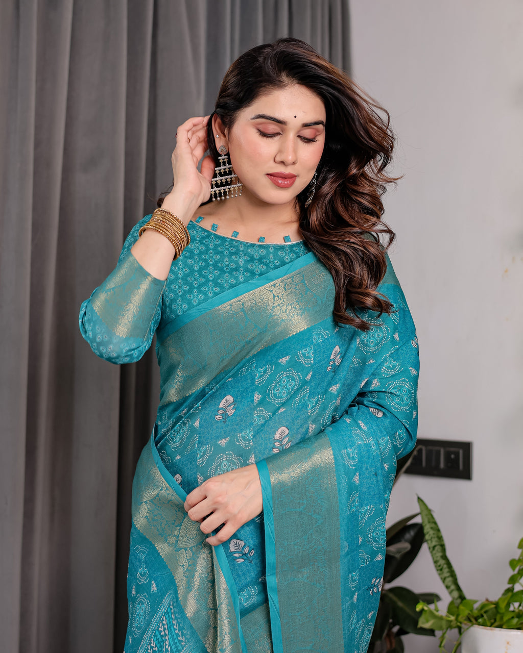 Teal Blue Handloom Linen Printed Saree with Rose Motifs & Zari Border | Pallu with Buttis & Tassels | 5.5m Saree + 0.8m Blouse