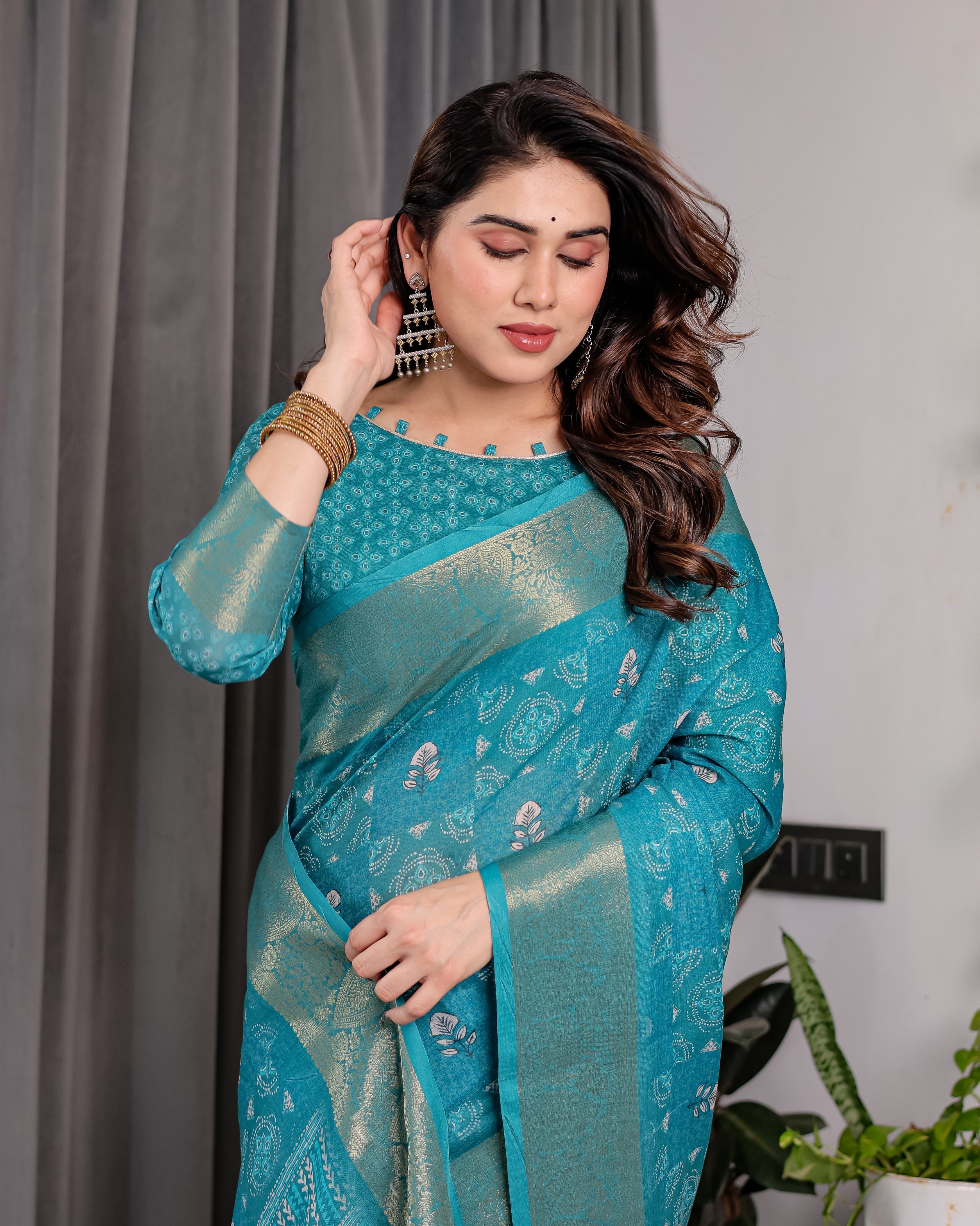 Teal Blue Handloom Linen Printed Saree with Rose Motifs & Zari Border | Pallu with Buttis & Tassels | 5.5m Saree + 0.8m Blouse