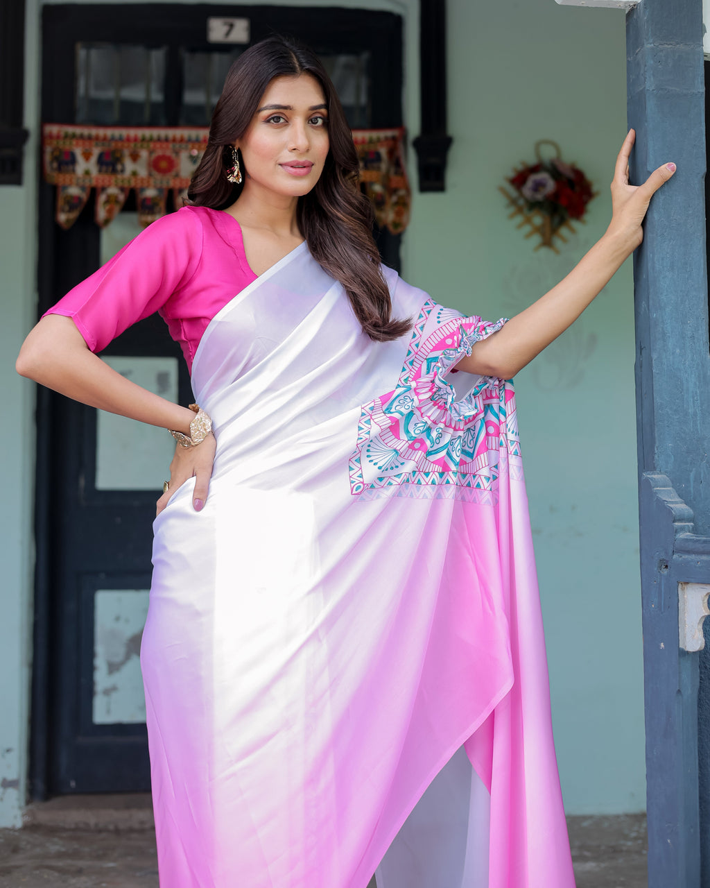 White & Pink Ombre Designer Freehand Saree with Geometric Pallu Art & Rani Pink Blouse | Satin Georgette | Handsfree Pallu Design