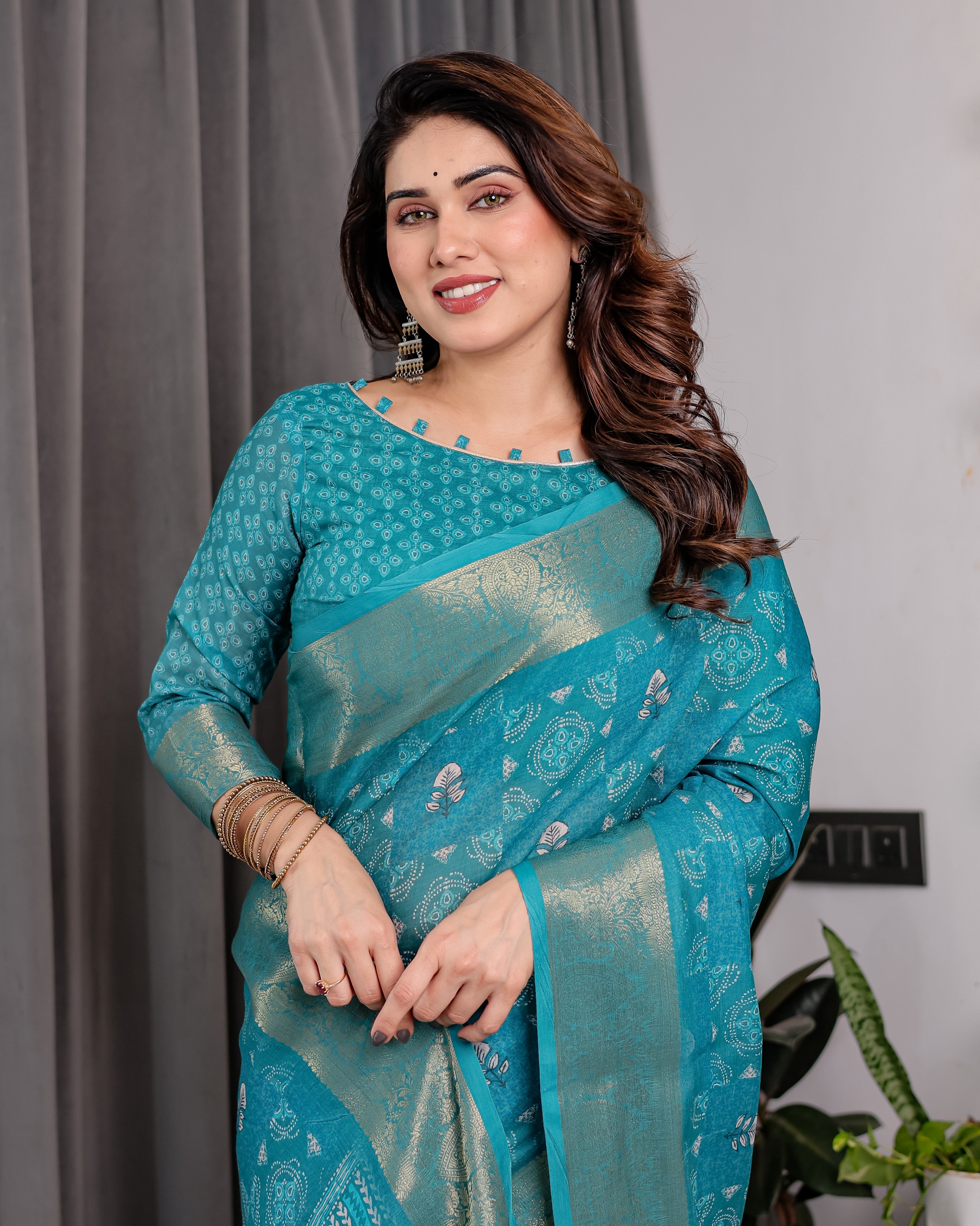 Teal Blue Handloom Linen Printed Saree with Rose Motifs & Zari Border | Pallu with Buttis & Tassels | 5.5m Saree + 0.8m Blouse