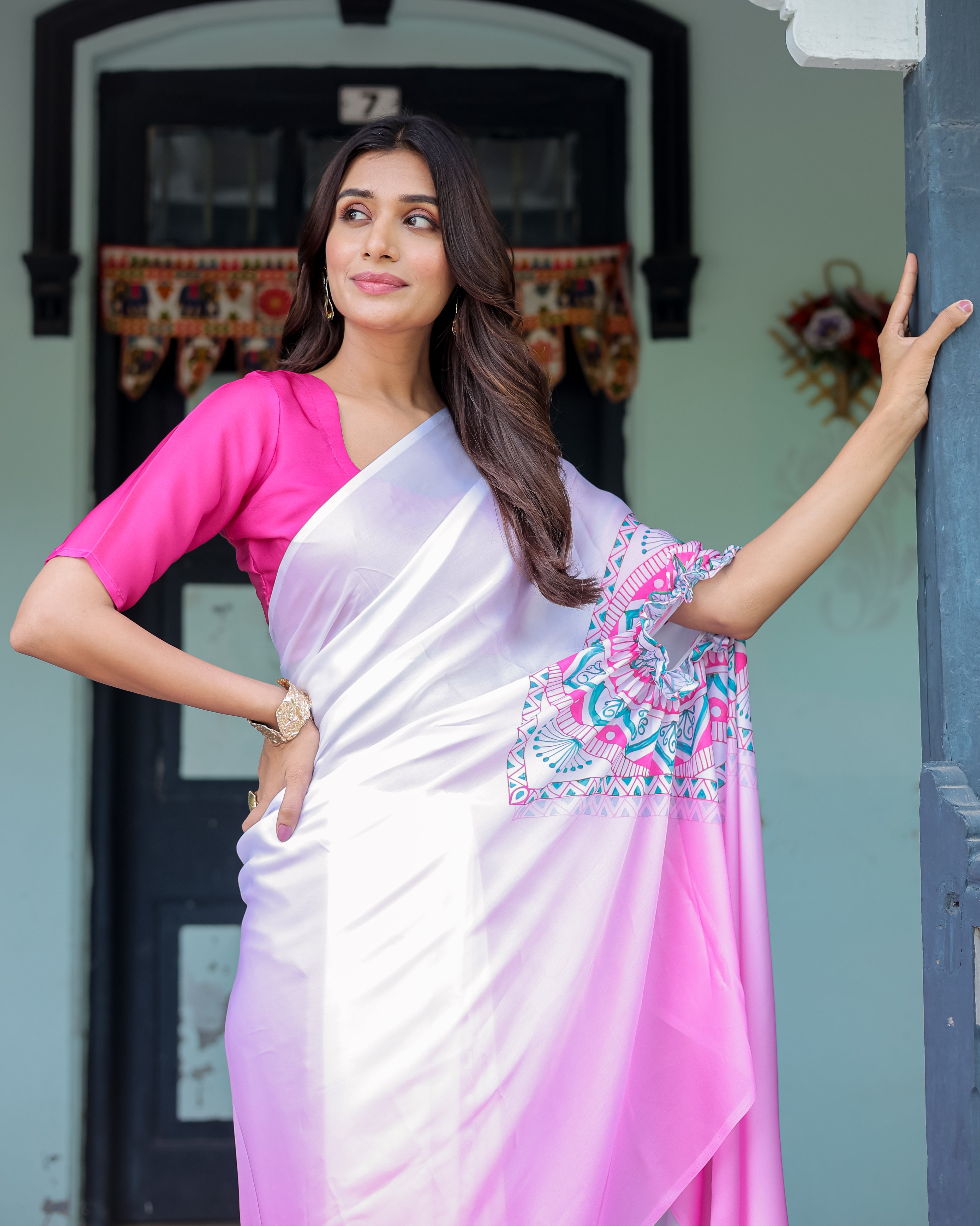 White & Pink Ombre Designer Freehand Saree with Geometric Pallu Art & Rani Pink Blouse | Satin Georgette | Handsfree Pallu Design