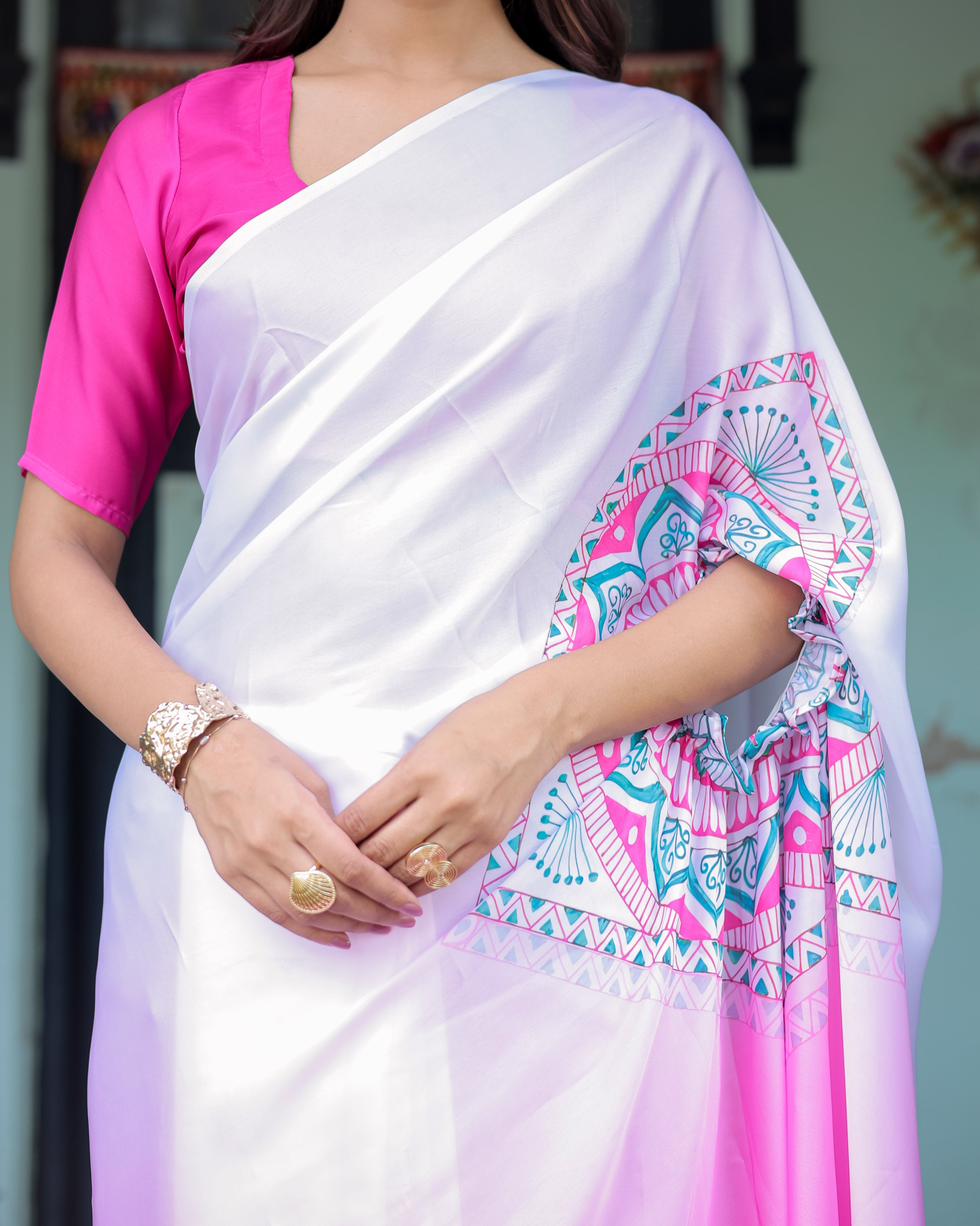 White & Pink Ombre Designer Freehand Saree with Geometric Pallu Art & Rani Pink Blouse | Satin Georgette | Handsfree Pallu Design