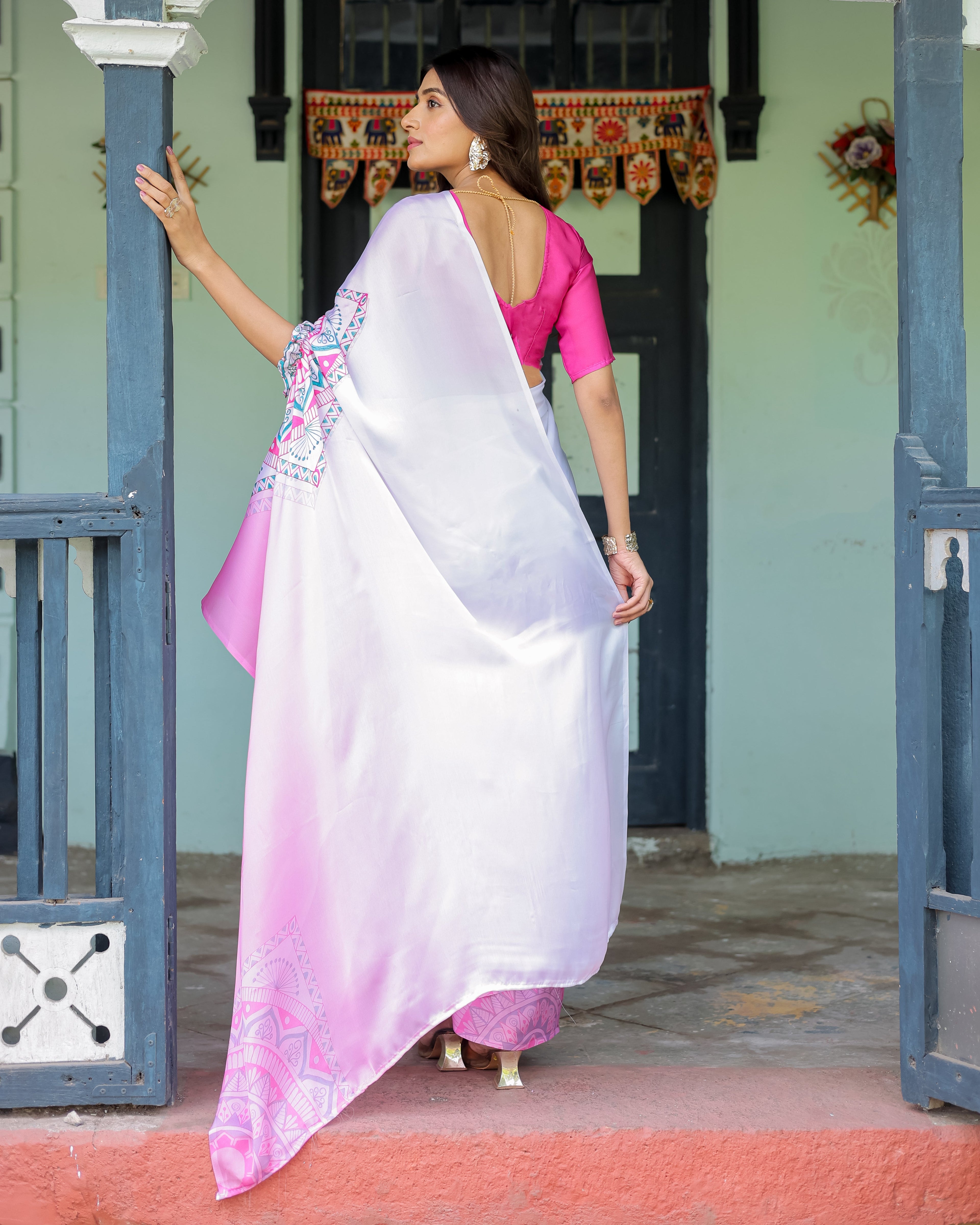 White & Pink Ombre Designer Freehand Saree with Geometric Pallu Art & Rani Pink Blouse | Satin Georgette | Handsfree Pallu Design