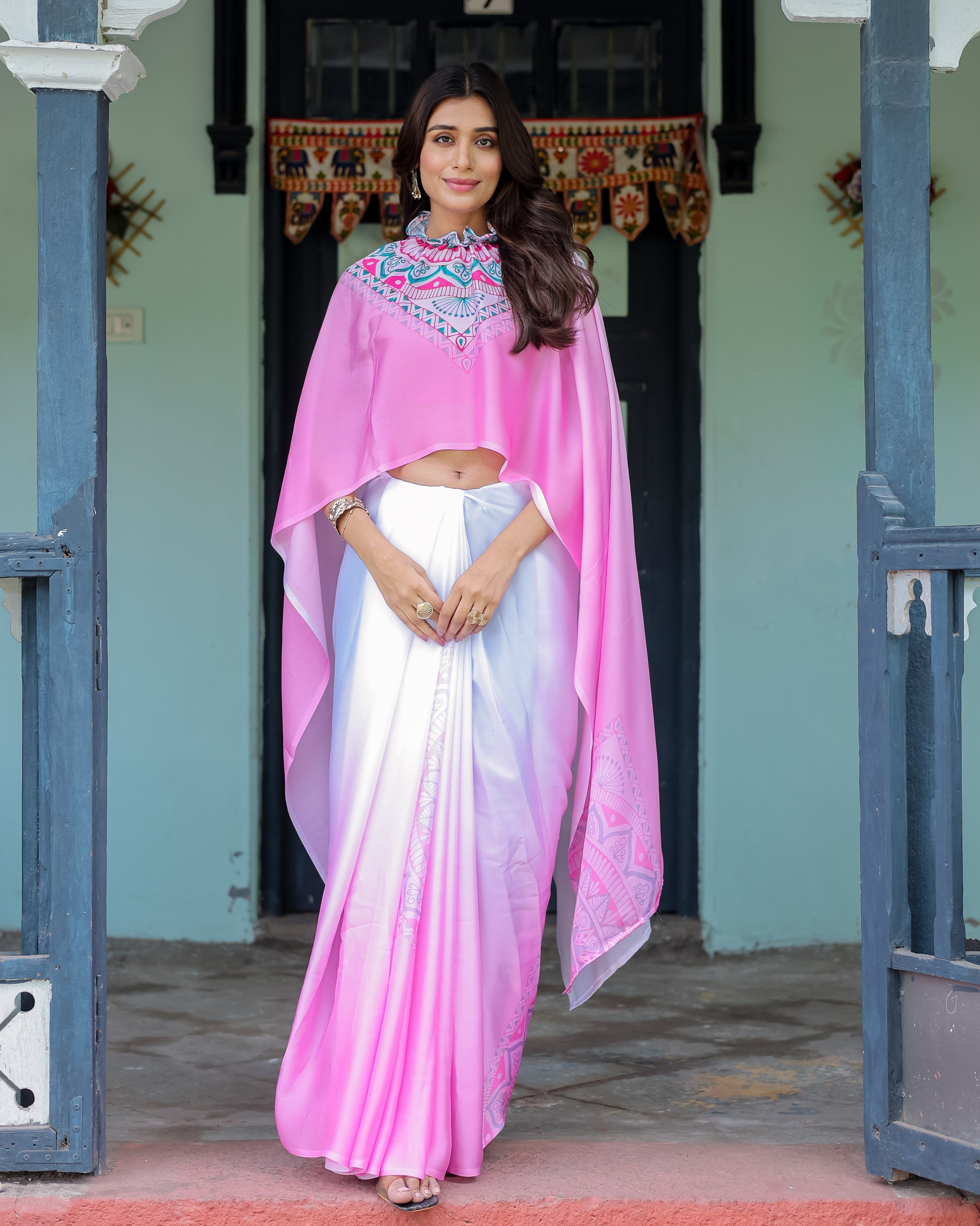 White & Pink Ombre Designer Freehand Saree with Geometric Pallu Art & Rani Pink Blouse | Satin Georgette | Handsfree Pallu Design