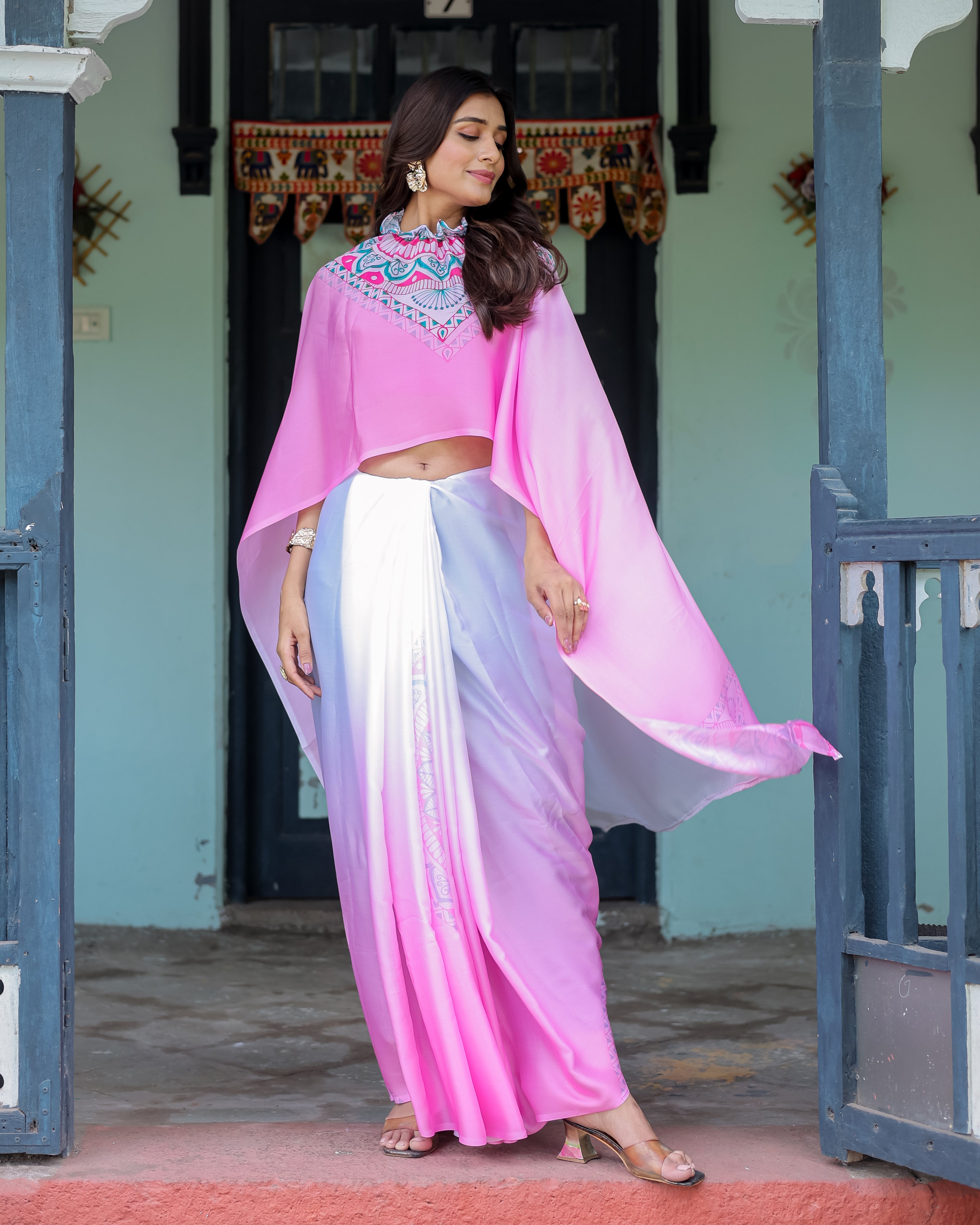 White & Pink Ombre Designer Freehand Saree with Geometric Pallu Art & Rani Pink Blouse | Satin Georgette | Handsfree Pallu Design