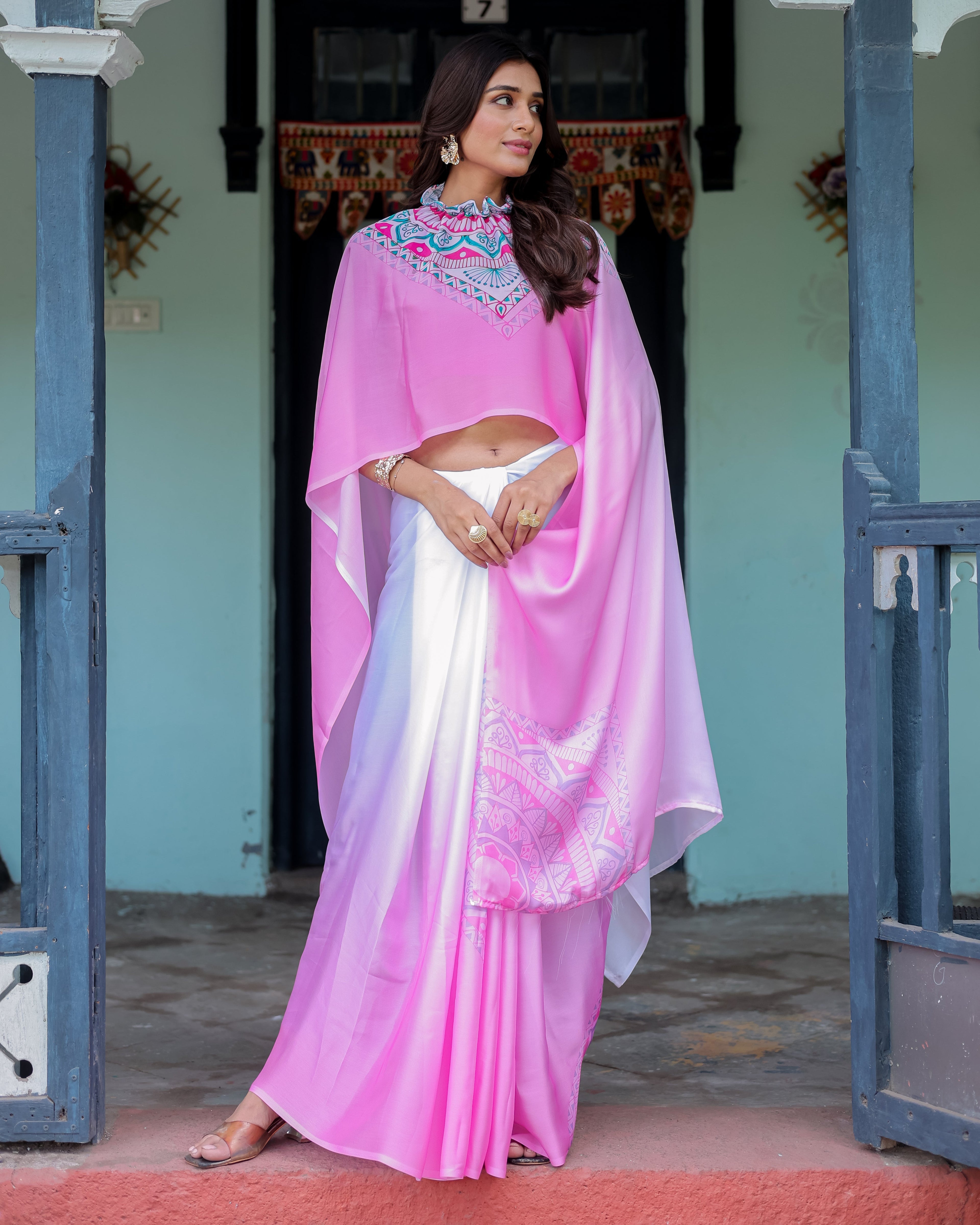 White & Pink Ombre Designer Freehand Saree with Geometric Pallu Art & Rani Pink Blouse | Satin Georgette | Handsfree Pallu Design