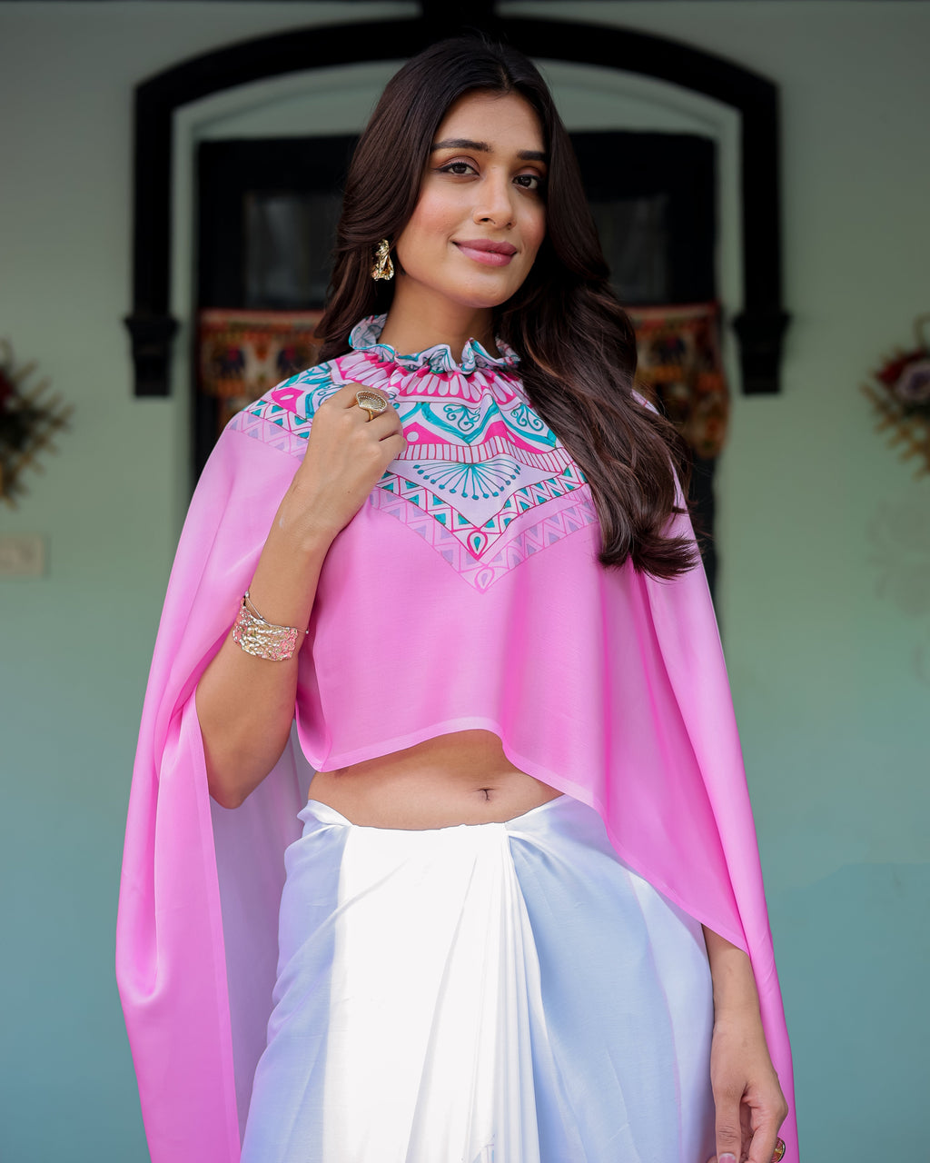 White & Pink Ombre Designer Freehand Saree with Geometric Pallu Art & Rani Pink Blouse | Satin Georgette | Handsfree Pallu Design