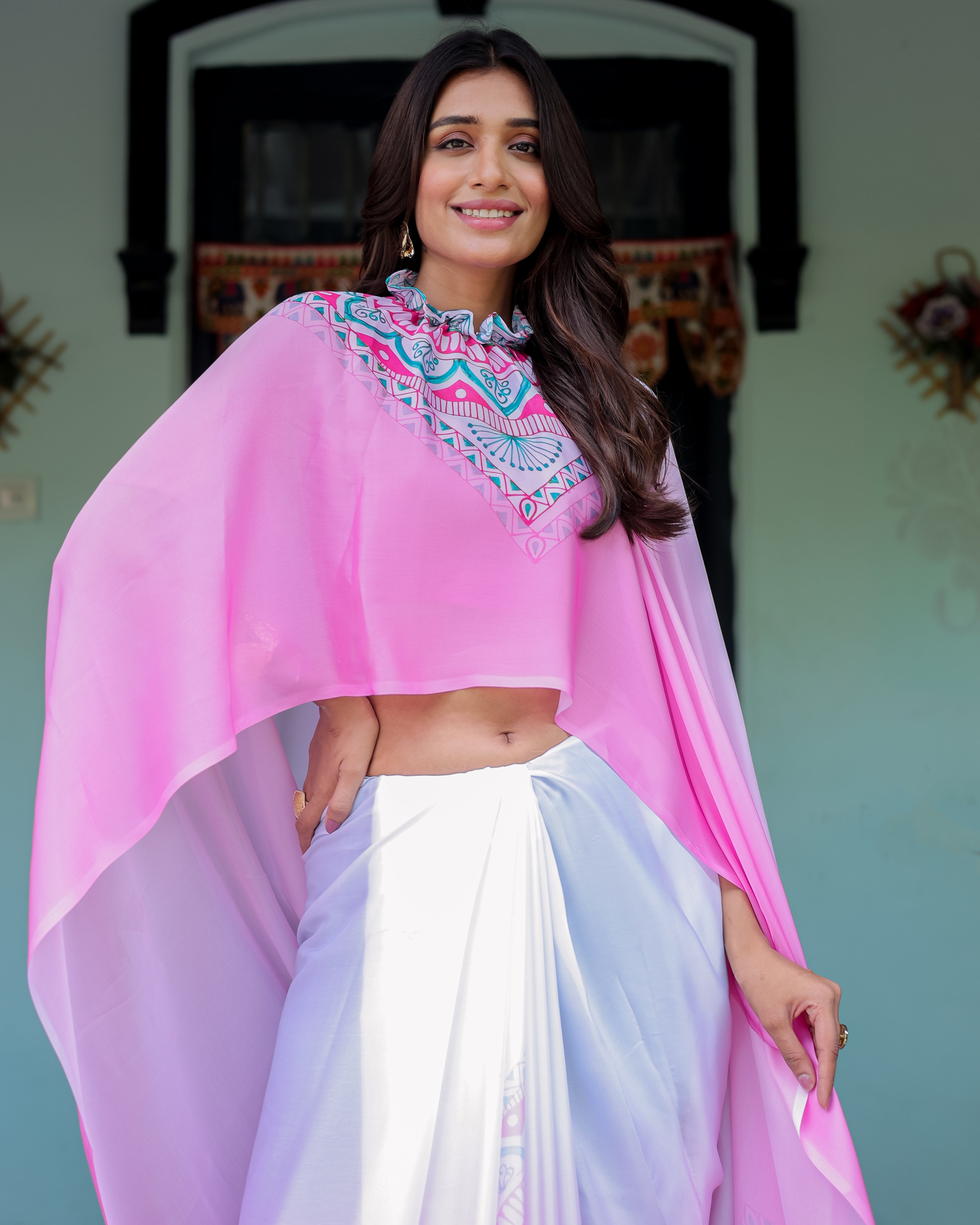 White & Pink Ombre Designer Freehand Saree with Geometric Pallu Art & Rani Pink Blouse | Satin Georgette | Handsfree Pallu Design
