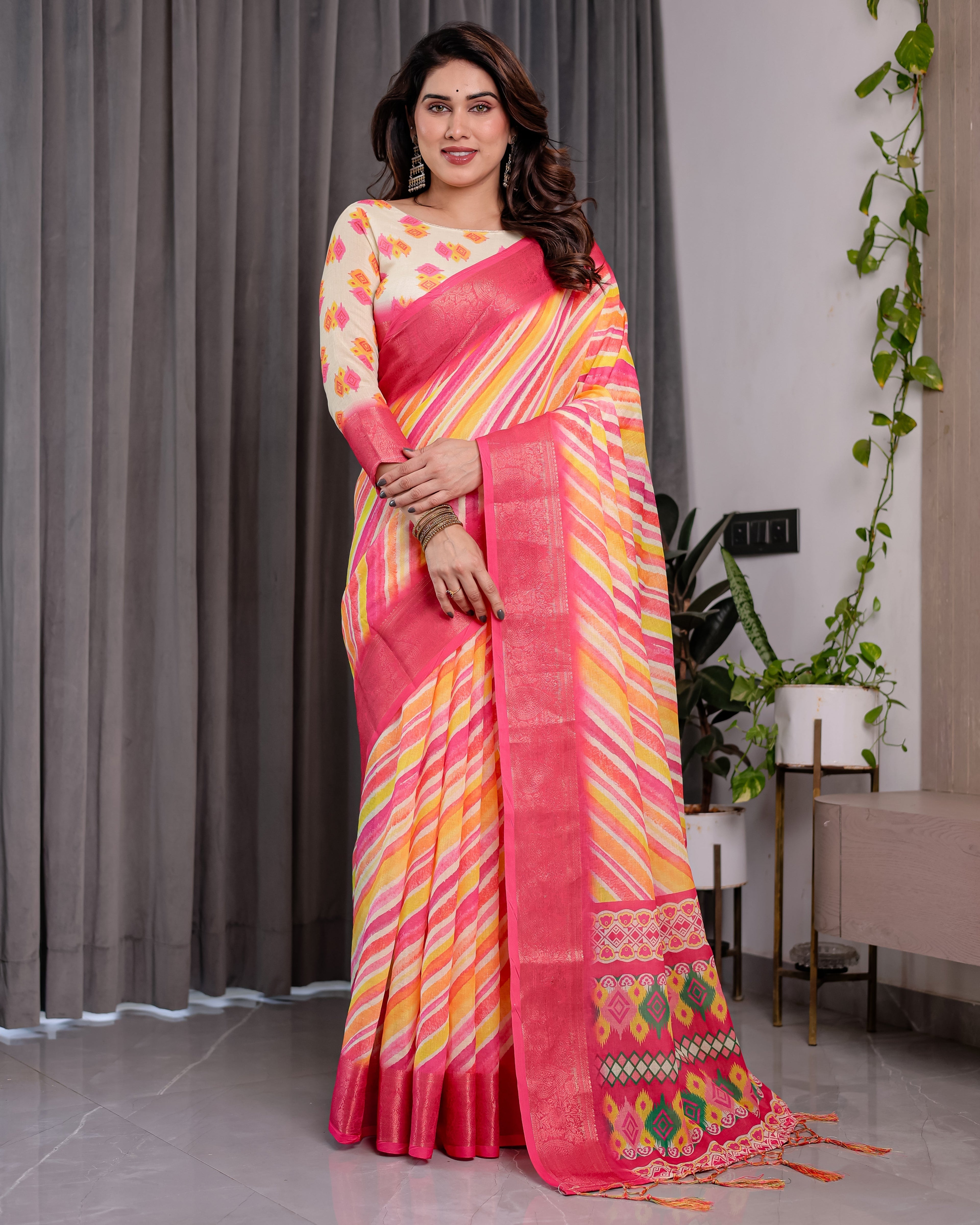 Multicolor Striped Handloom Linen Saree with Pink Geometric Pallu & Zari Border | 5.5m Saree + 0.8m Attached Blouse with Tassels