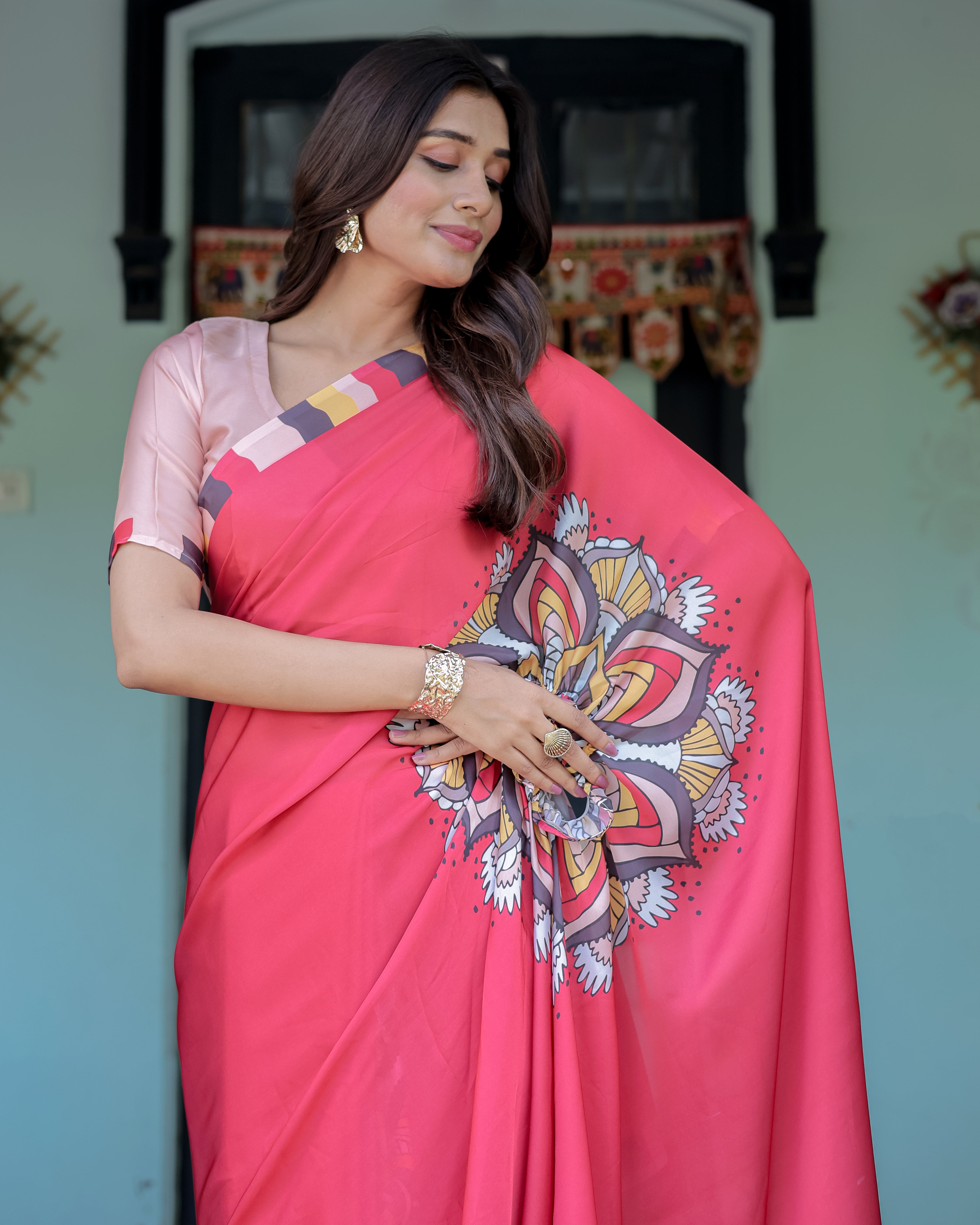 Coral Red Designer Freehand Saree with Mandala Pallu & Multicolor Border | Satin Georgette | Hole-in-the-Pallu Feature