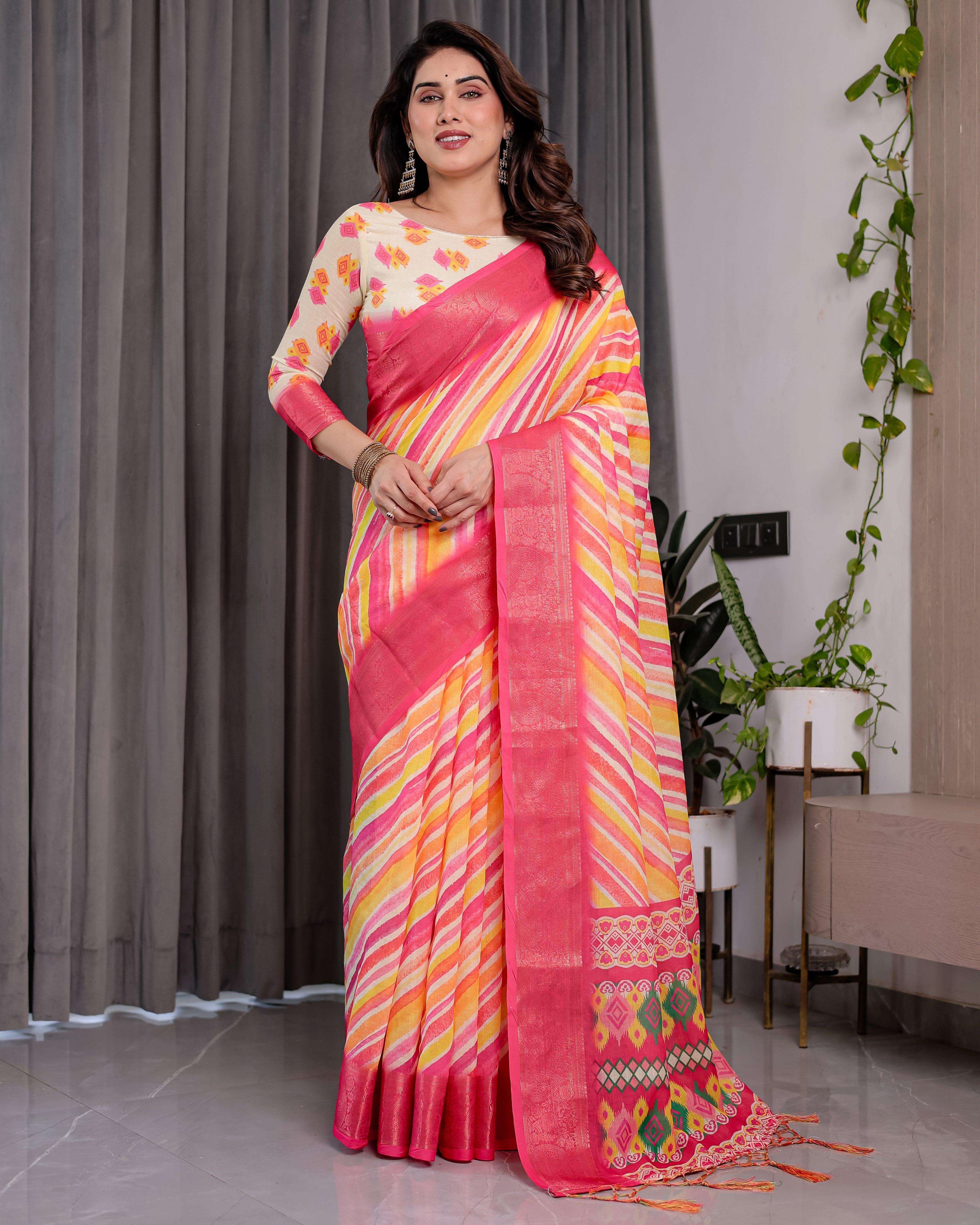 Multicolor Striped Handloom Linen Saree with Pink Geometric Pallu & Zari Border | 5.5m Saree + 0.8m Attached Blouse with Tassels