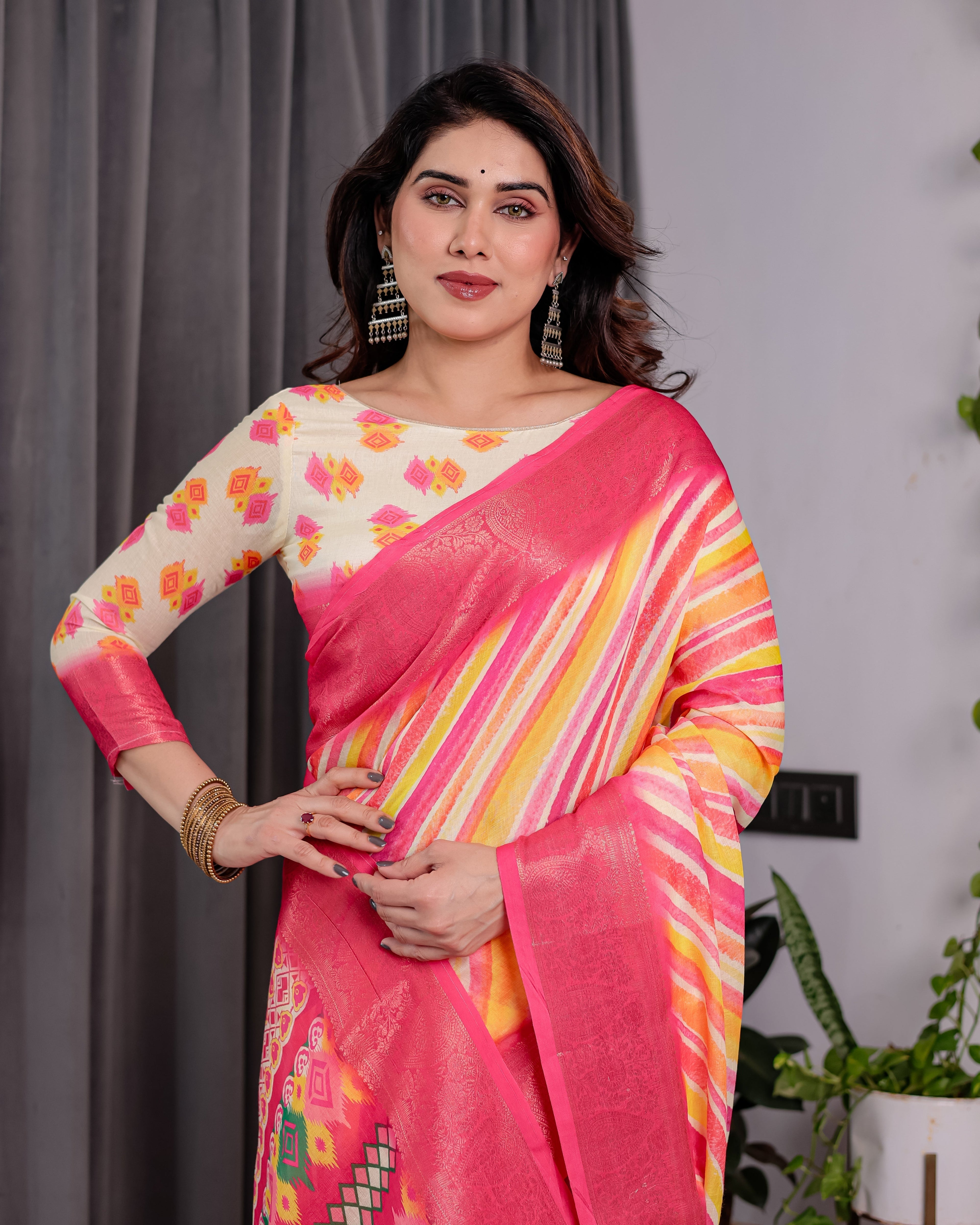 Multicolor Striped Handloom Linen Saree with Pink Geometric Pallu & Zari Border | 5.5m Saree + 0.8m Attached Blouse with Tassels