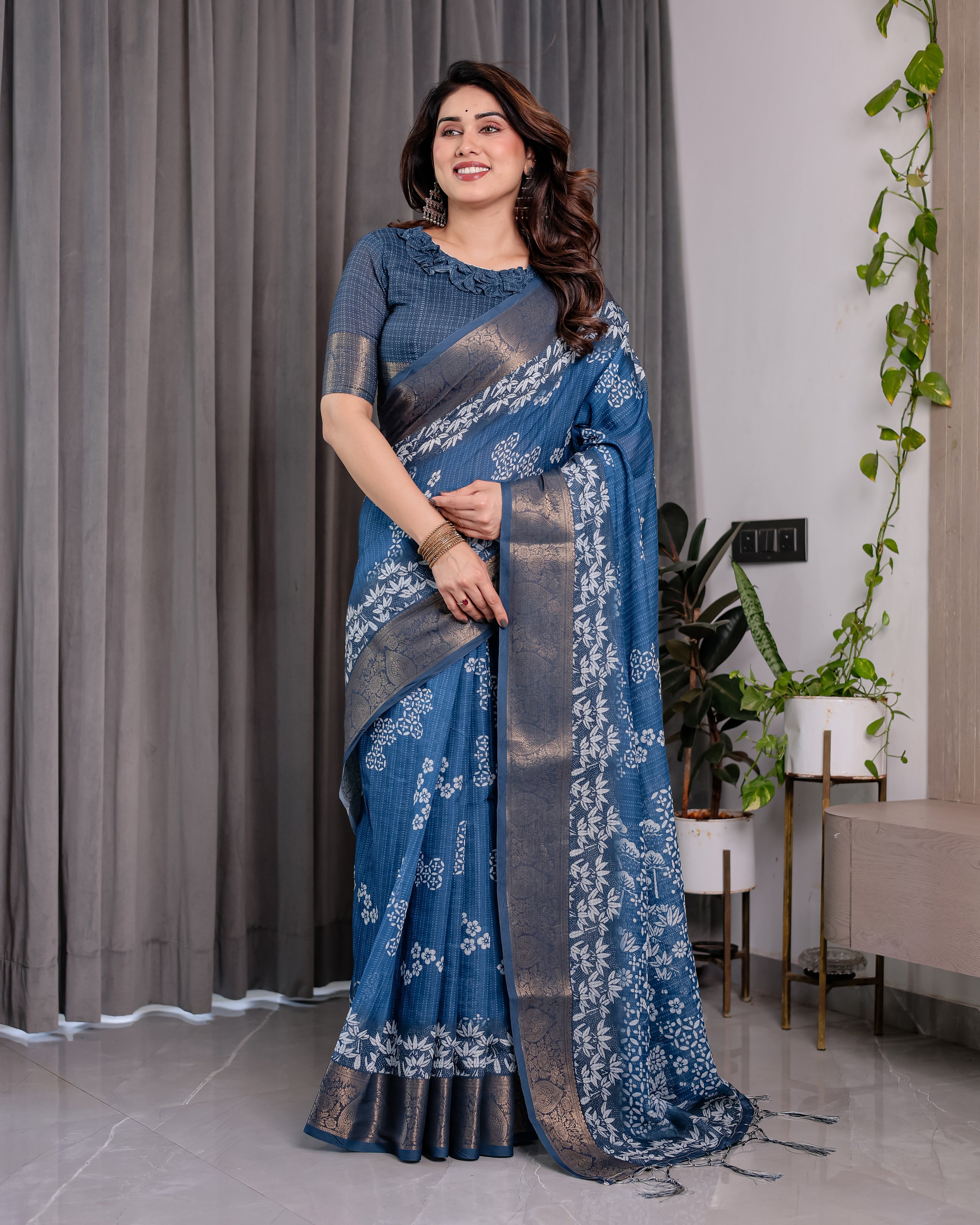 Indigo Blue Handloom Linen Saree with White Village & Tree Print Pallu | Zari Woven Border | 5.5m Saree + 0.8m Blouse | Elegant Pallu Tassels