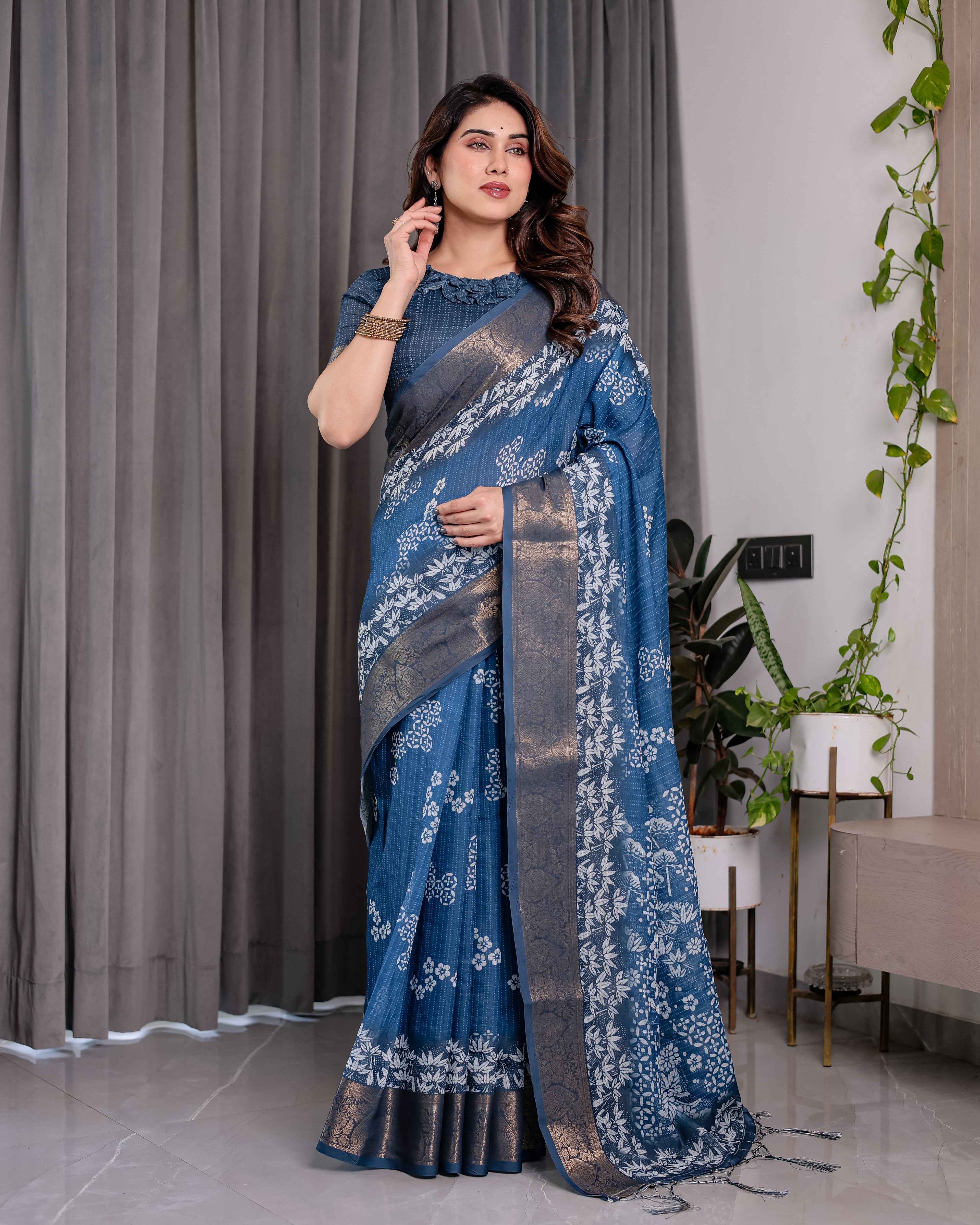 Indigo Blue Handloom Linen Saree with White Village & Tree Print Pallu | Zari Woven Border | 5.5m Saree + 0.8m Blouse | Elegant Pallu Tassels