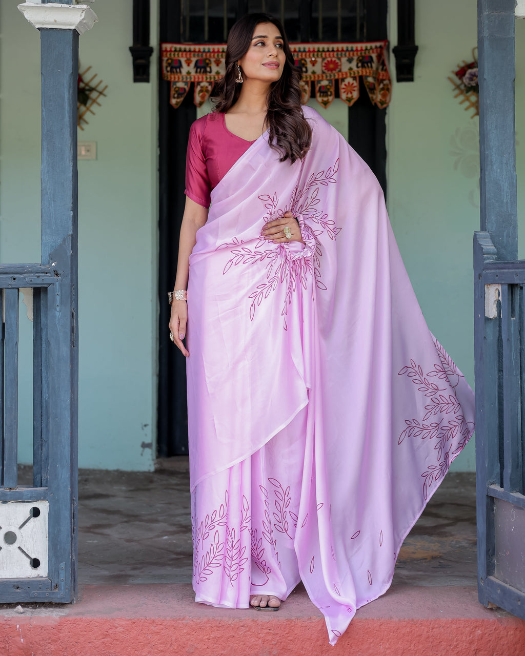 Lilac Pink Designer Freehand Saree with Maroon Leaf Motif & Wine Blouse | Satin Georgette | Handsfree Pallu Style