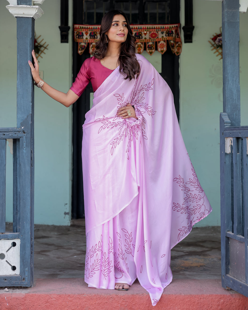 Lilac Pink Designer Freehand Saree with Maroon Leaf Motif & Wine Blouse | Satin Georgette | Handsfree Pallu Style