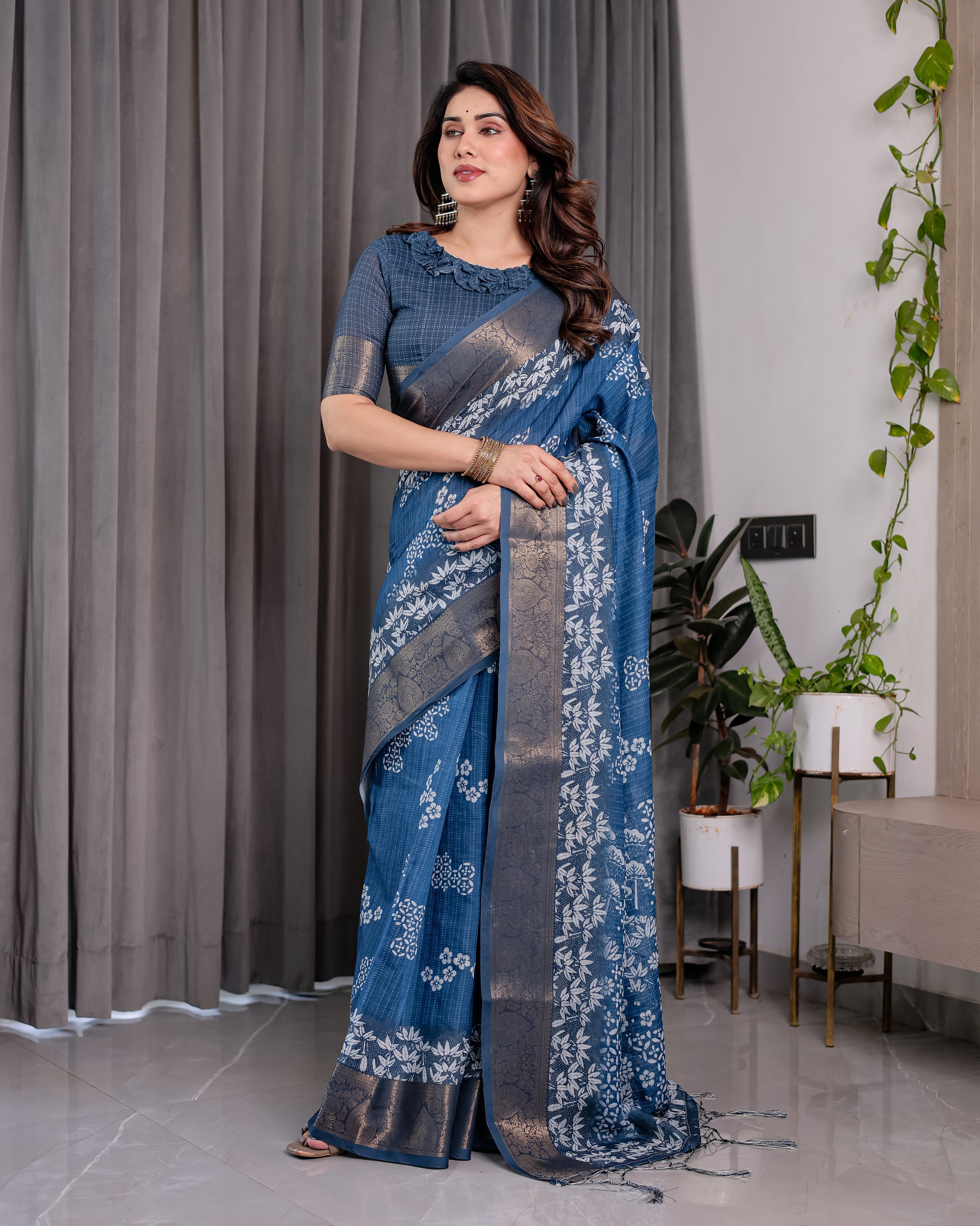 Indigo Blue Handloom Linen Saree with White Village & Tree Print Pallu | Zari Woven Border | 5.5m Saree + 0.8m Blouse | Elegant Pallu Tassels