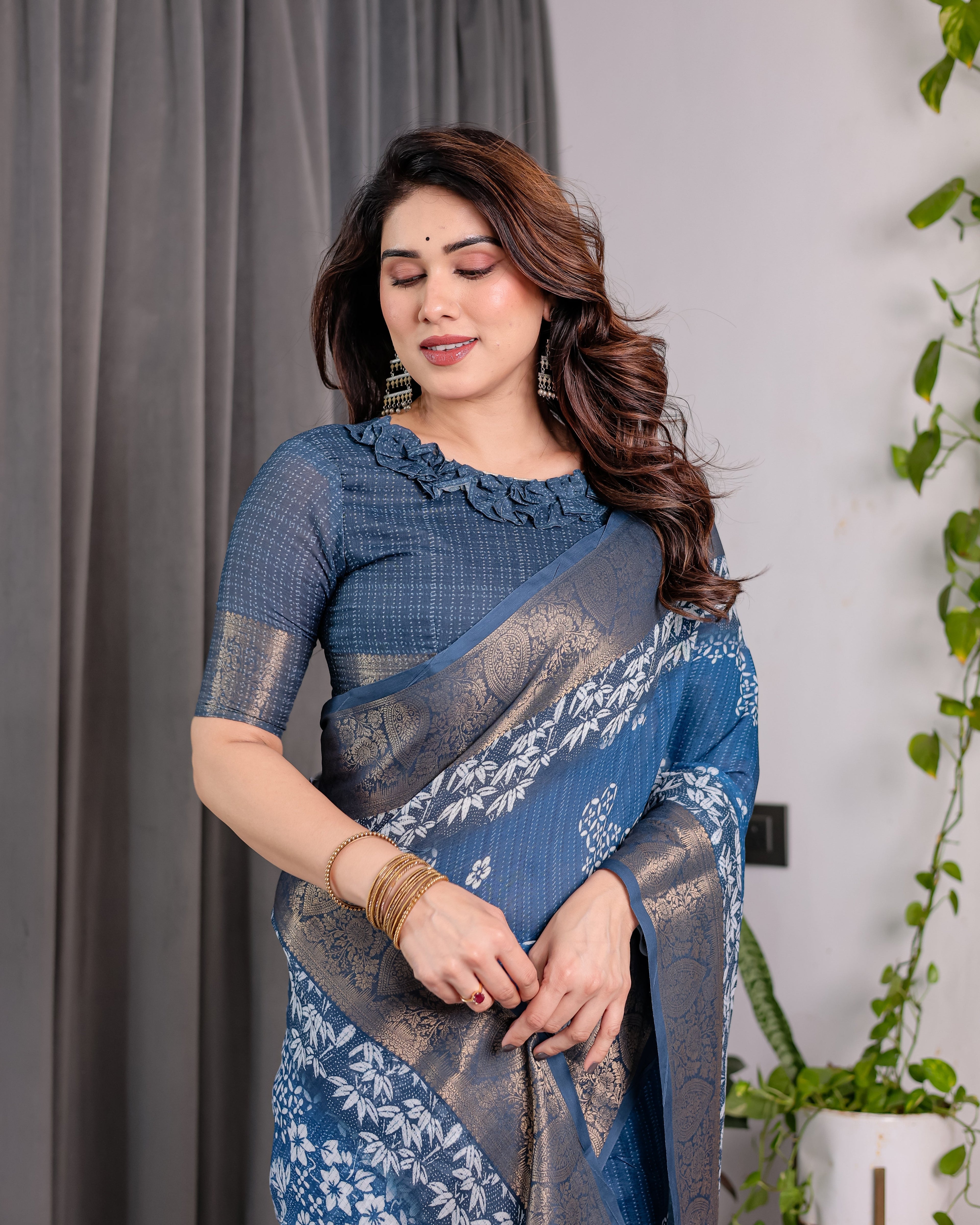 Indigo Blue Handloom Linen Saree with White Village & Tree Print Pallu | Zari Woven Border | 5.5m Saree + 0.8m Blouse | Elegant Pallu Tassels