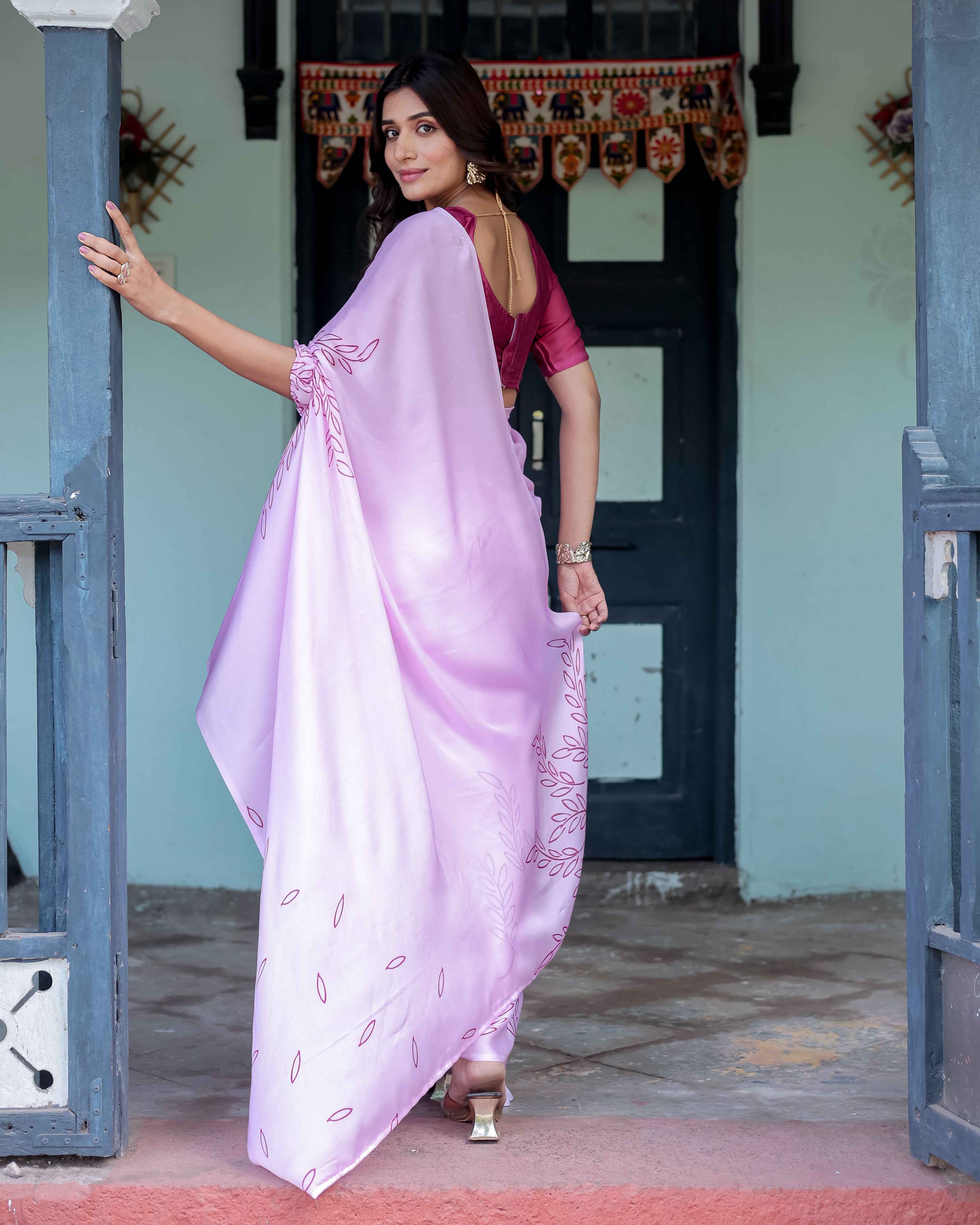 Lilac Pink Designer Freehand Saree with Maroon Leaf Motif & Wine Blouse | Satin Georgette | Handsfree Pallu Style
