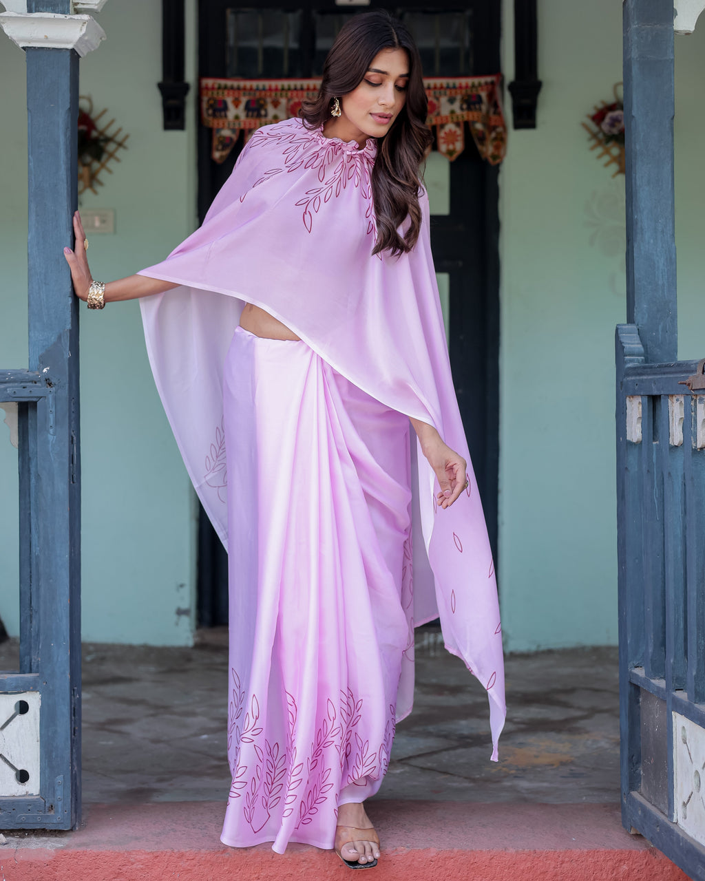 Lilac Pink Designer Freehand Saree with Maroon Leaf Motif & Wine Blouse | Satin Georgette | Handsfree Pallu Style