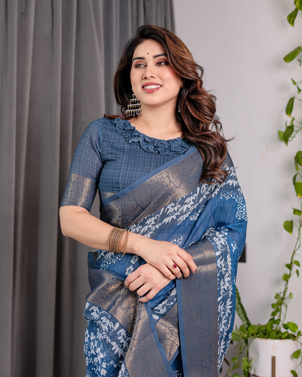 Indigo Blue Handloom Linen Saree with White Village & Tree Print Pallu | Zari Woven Border | 5.5m Saree + 0.8m Blouse | Elegant Pallu Tassels