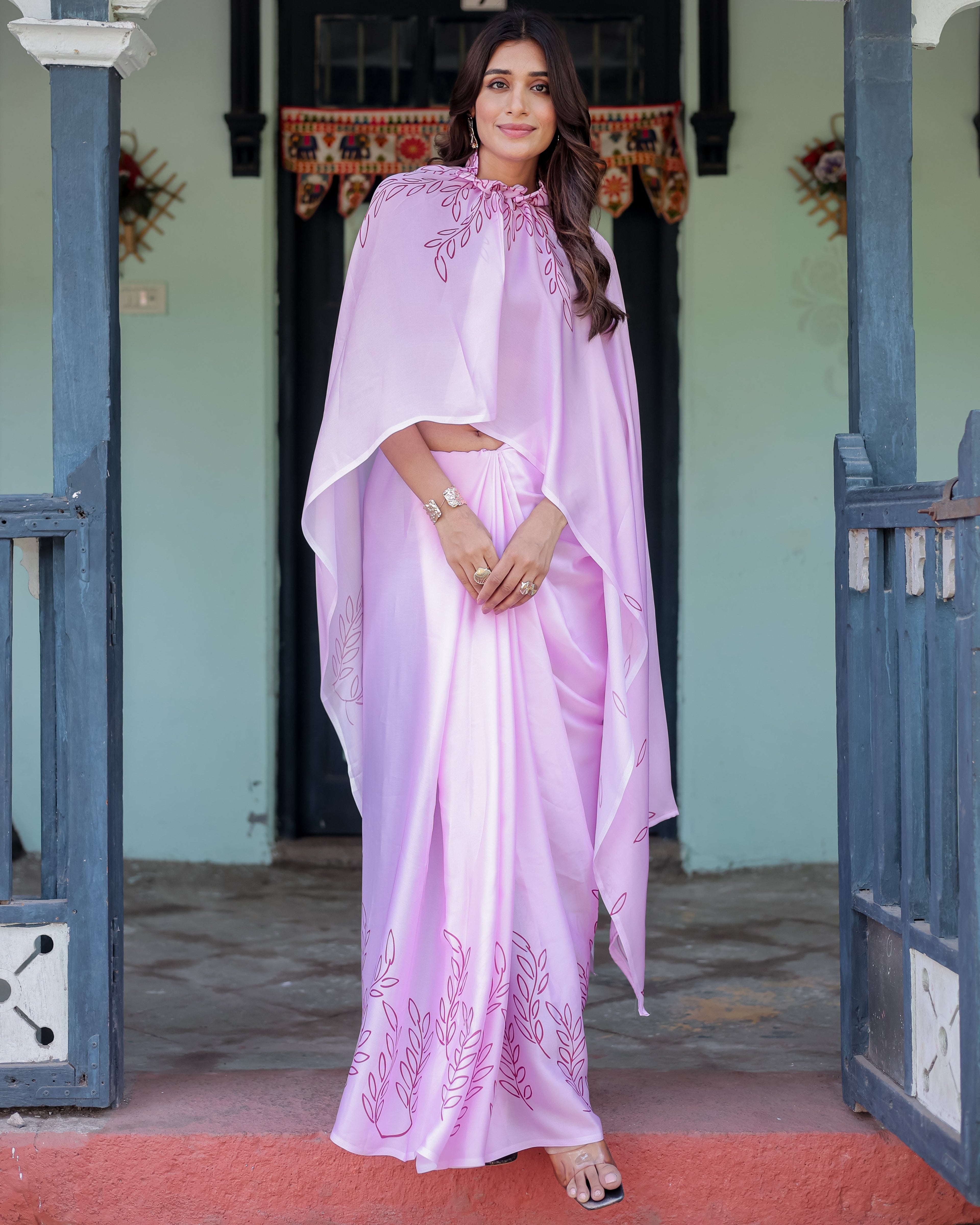 Lilac Pink Designer Freehand Saree with Maroon Leaf Motif & Wine Blouse | Satin Georgette | Handsfree Pallu Style