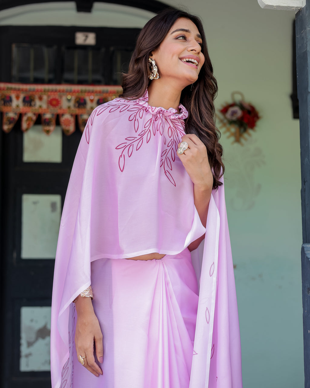 Lilac Pink Designer Freehand Saree with Maroon Leaf Motif & Wine Blouse | Satin Georgette | Handsfree Pallu Style