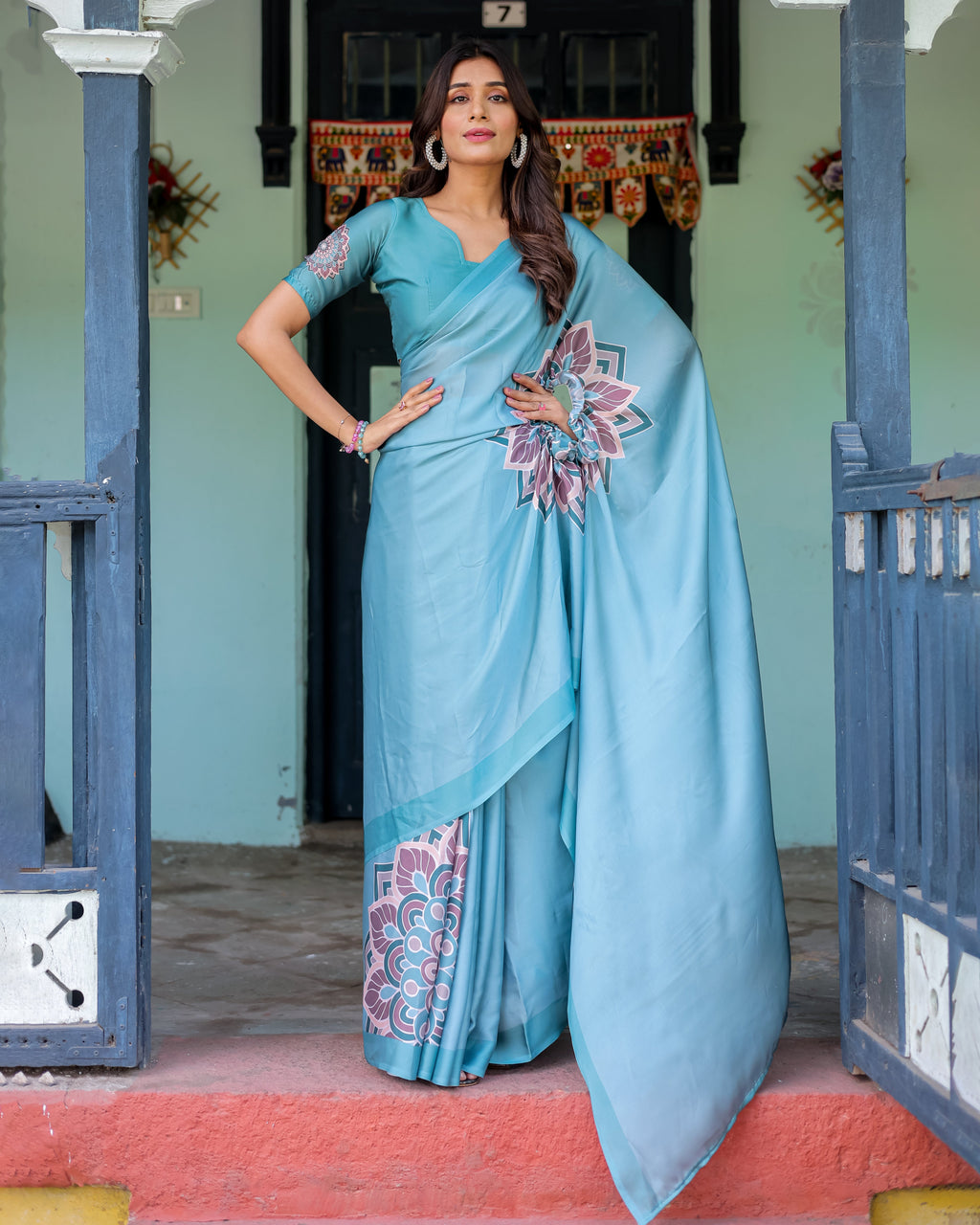 Teal Blue Designer Freehand Saree with Lotus Mandala Pallu & Matching Blouse | Satin Georgette | Handsfree Pallu Feature