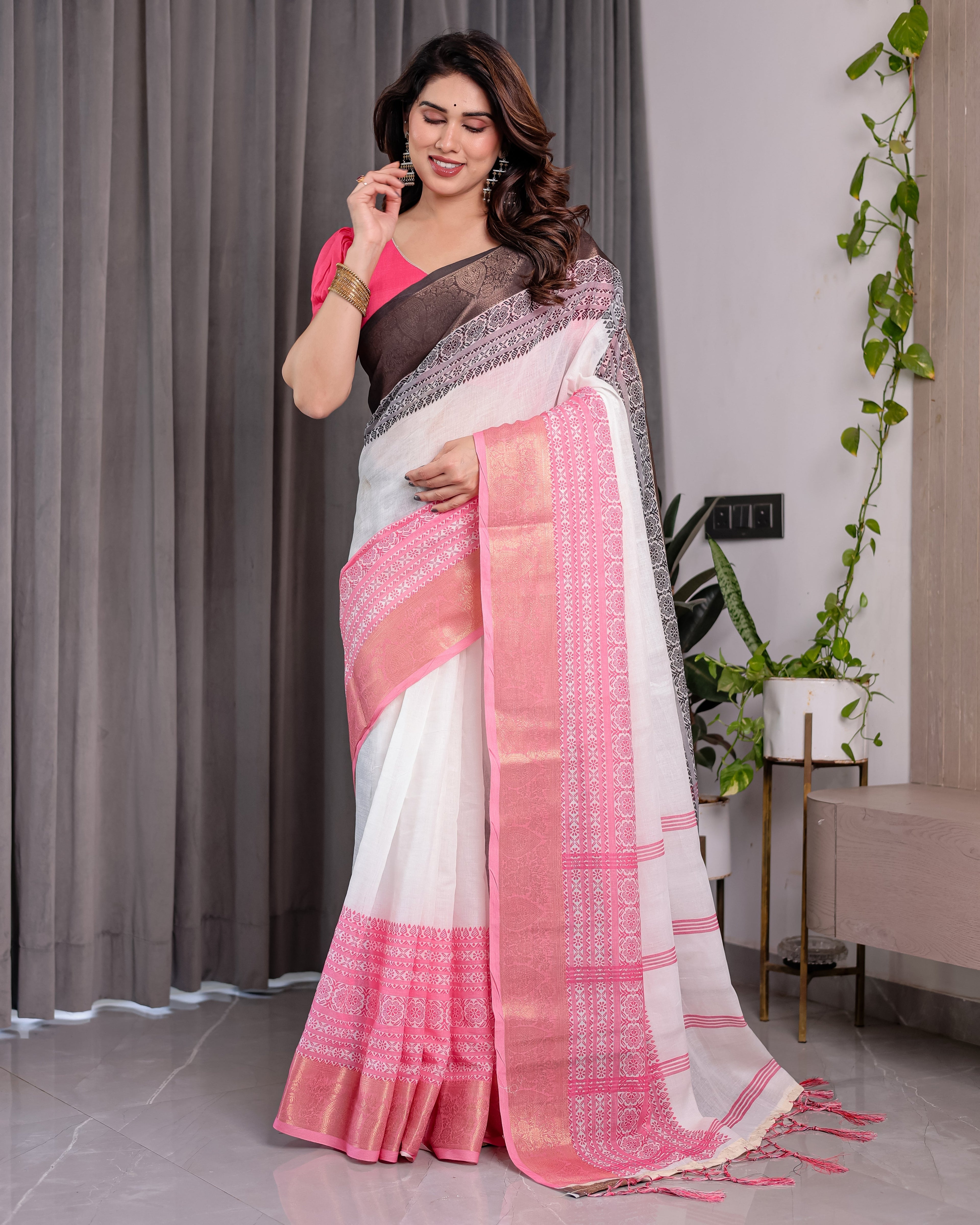 White & Charcoal Handloom Linen Saree with Pink Striped Pallu & Zari Woven Borders | 5.5m Saree + 0.8m Blouse | Elegant Tassel Finish